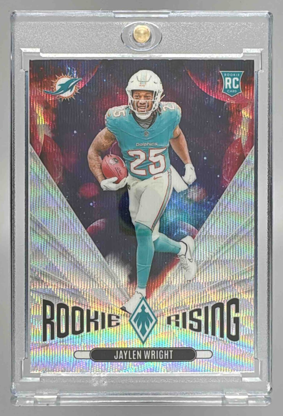 Card image for 2024 Panini Phoenix Jaylen Wright Rookie Rising #RR-JWT RC Dolphins