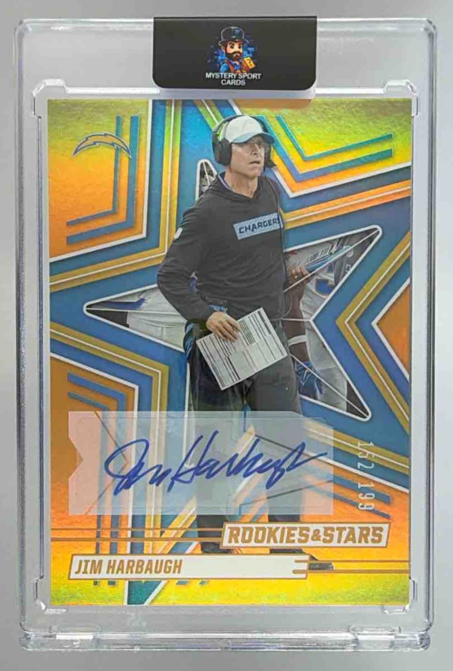 Card image for 2025 Panini Rookies & Stars Jim Harbaugh Signatures Orange /199 #3 Auto Chargers