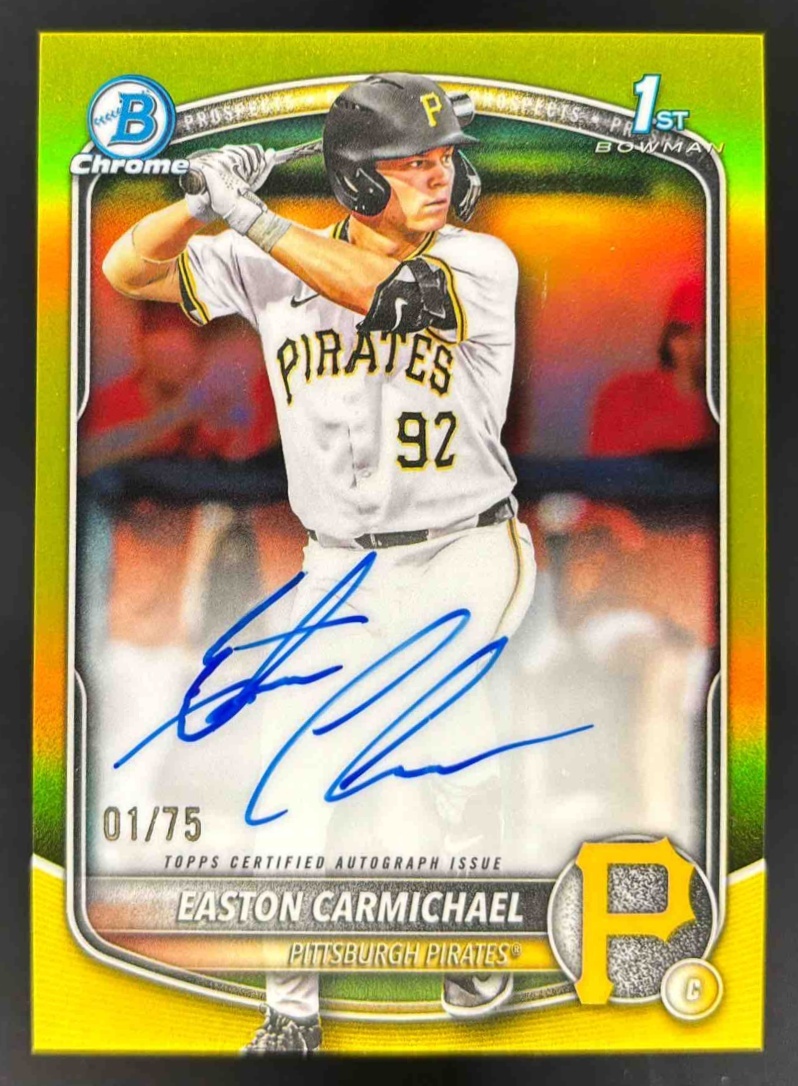 Card image for 2025 Bowman Draft Easton Carmichael Chrome Auto Yellow Refractor /75 1st