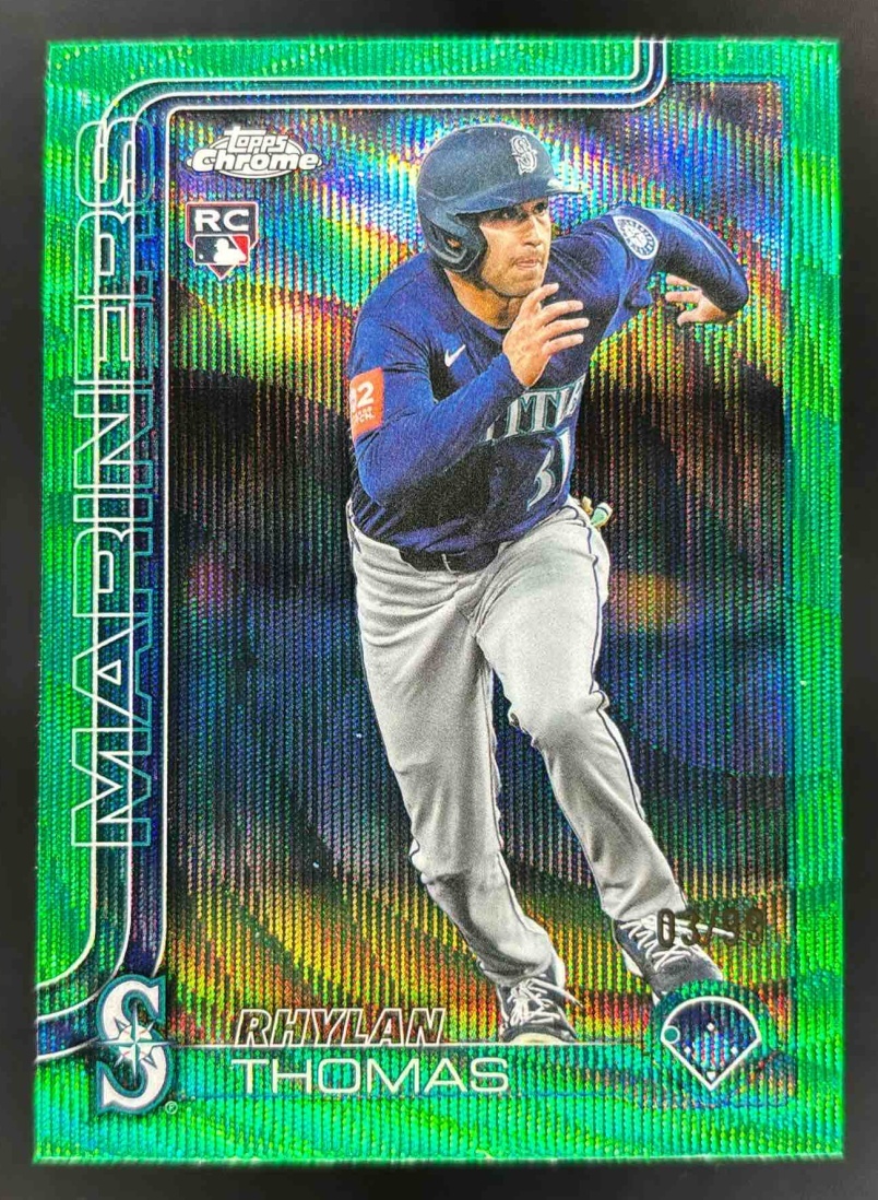 Card image for 2025 Topps Chrome Update Rhylan Thomas Green Wave Refractor /99 RC