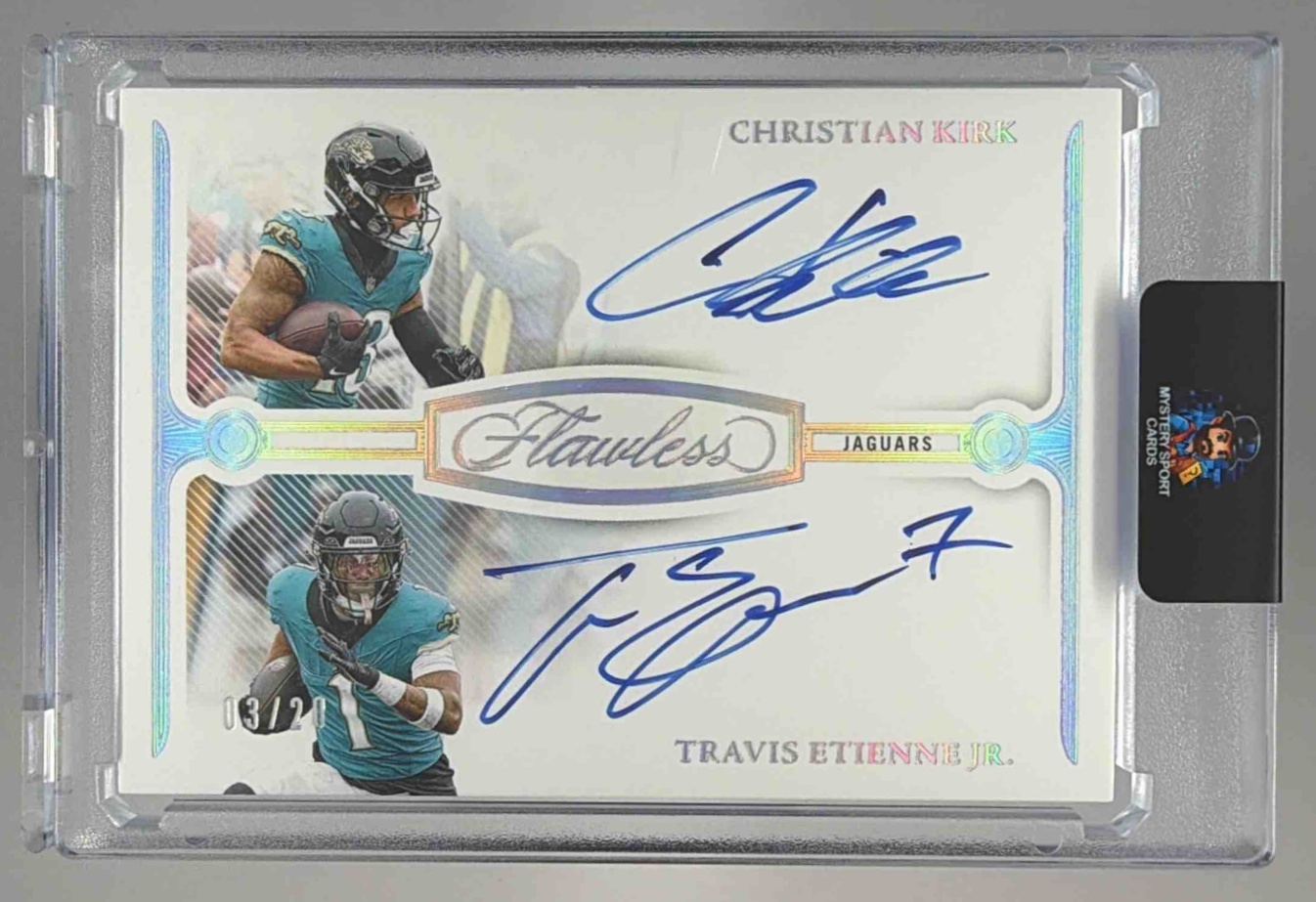 Card image for 2025 Panini Flawless Christian Kirk Travis Etienne Jr. 2024 Football - Dual Auto Silver #3 MEM Jaguars