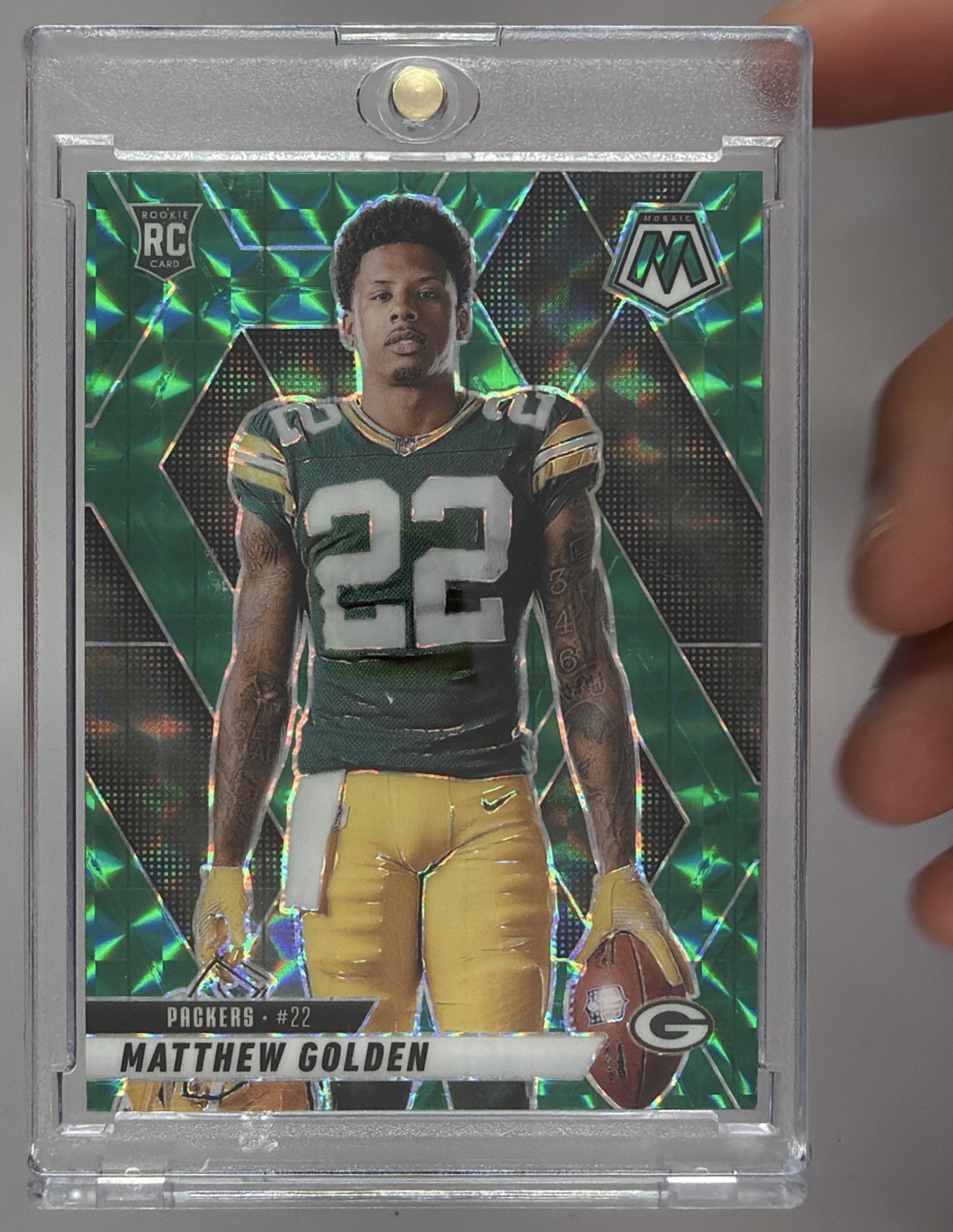 Card image for 2025 Panini Mosaic Matthew Golden Rookie Variation Mosaic Prizm #285 RC Packers