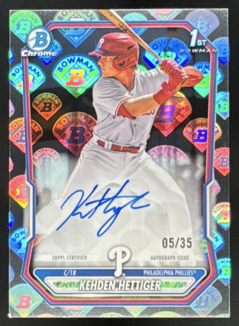 Card image for 2026 Bowman Kehden Hettiger Chrome Auto LogoFractor /35 1st Prospect
