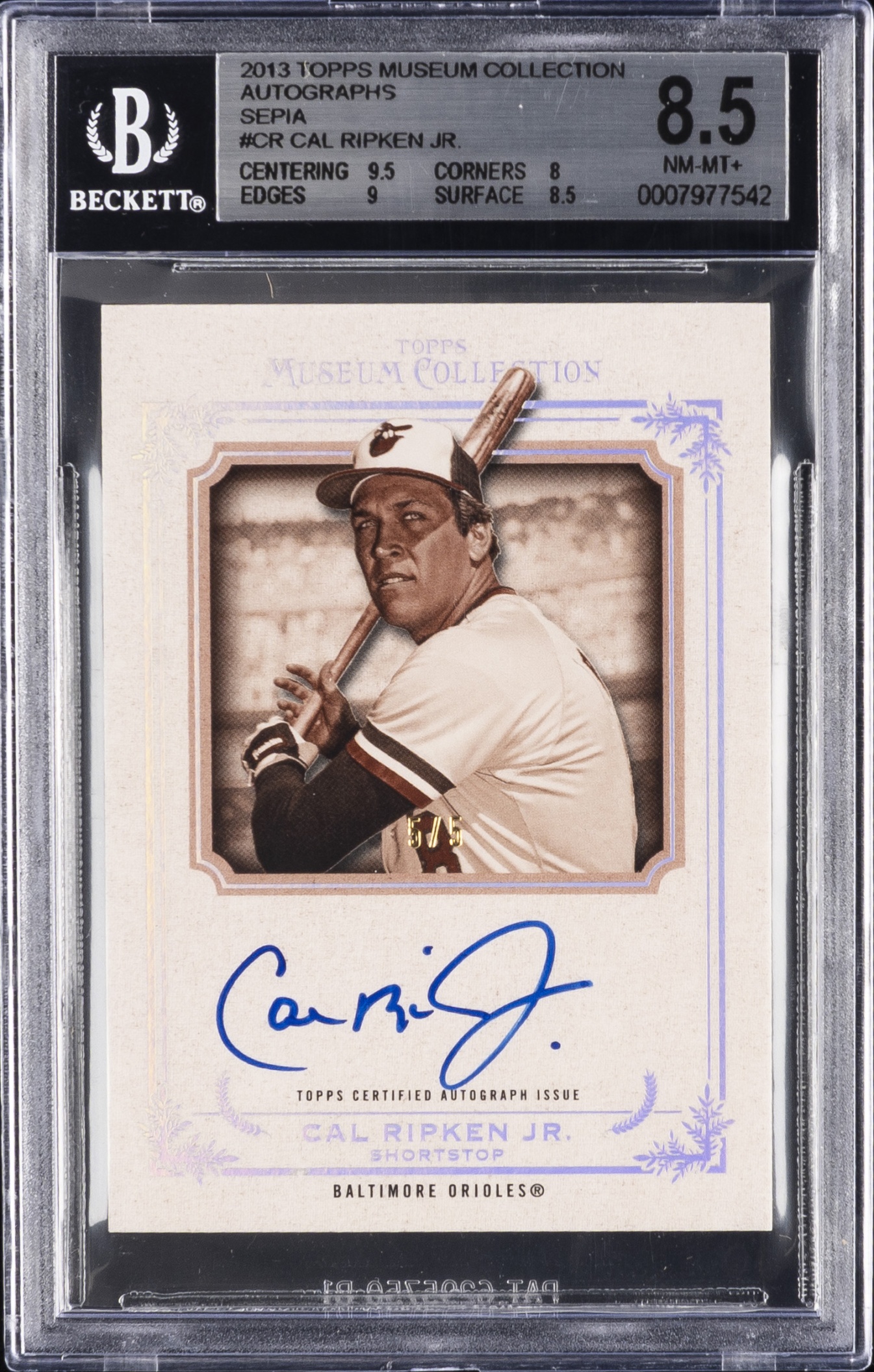 2013 Topps Museum Collection Cal Ripken Jr. Archival Auto Sepia /5 #AA-CR Orioles BGS 8