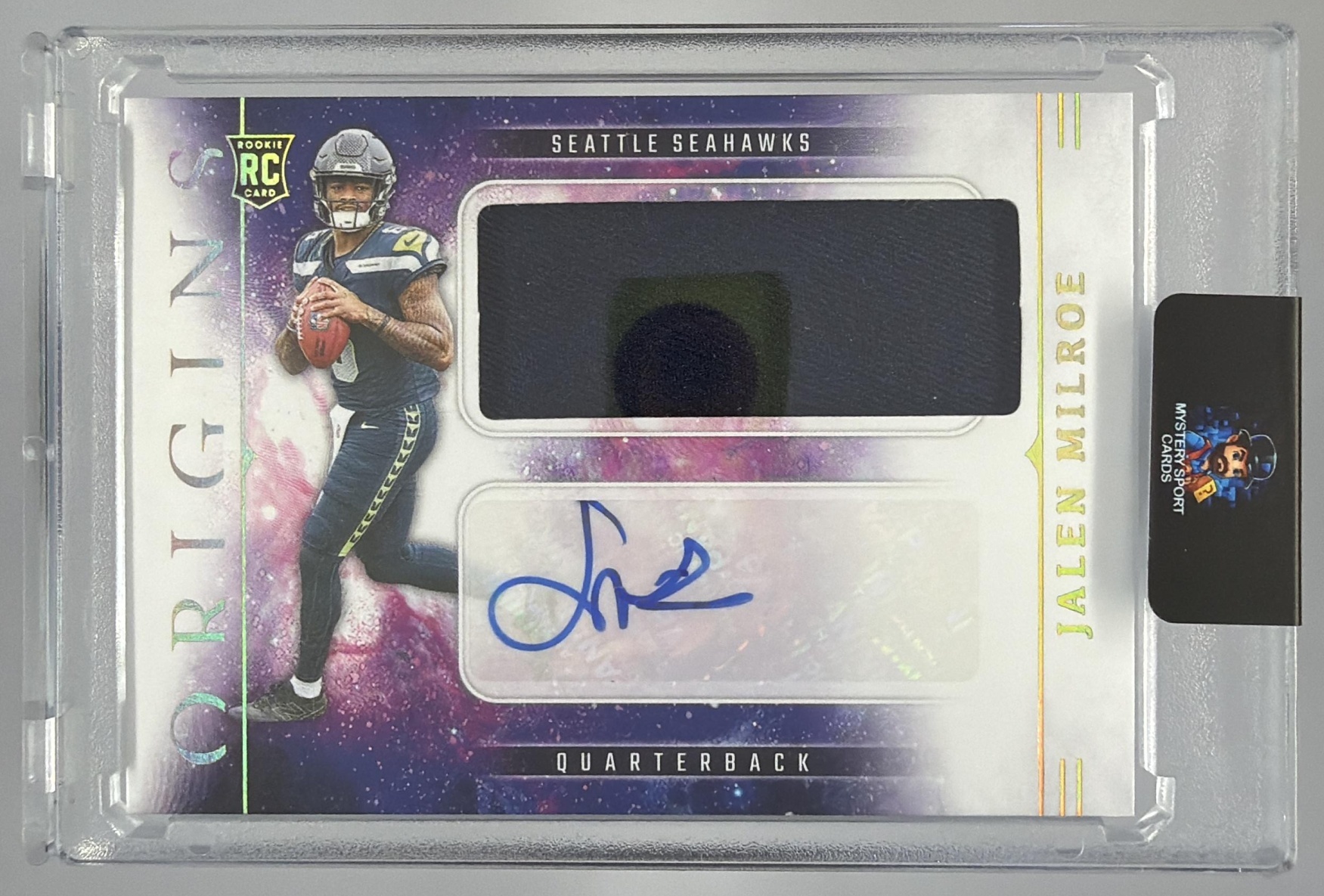 Card image for 2025 Panini Origins Jalen Milroe Rookie Jumbo Jersey Auto #RJJ-JME RC Seahawks