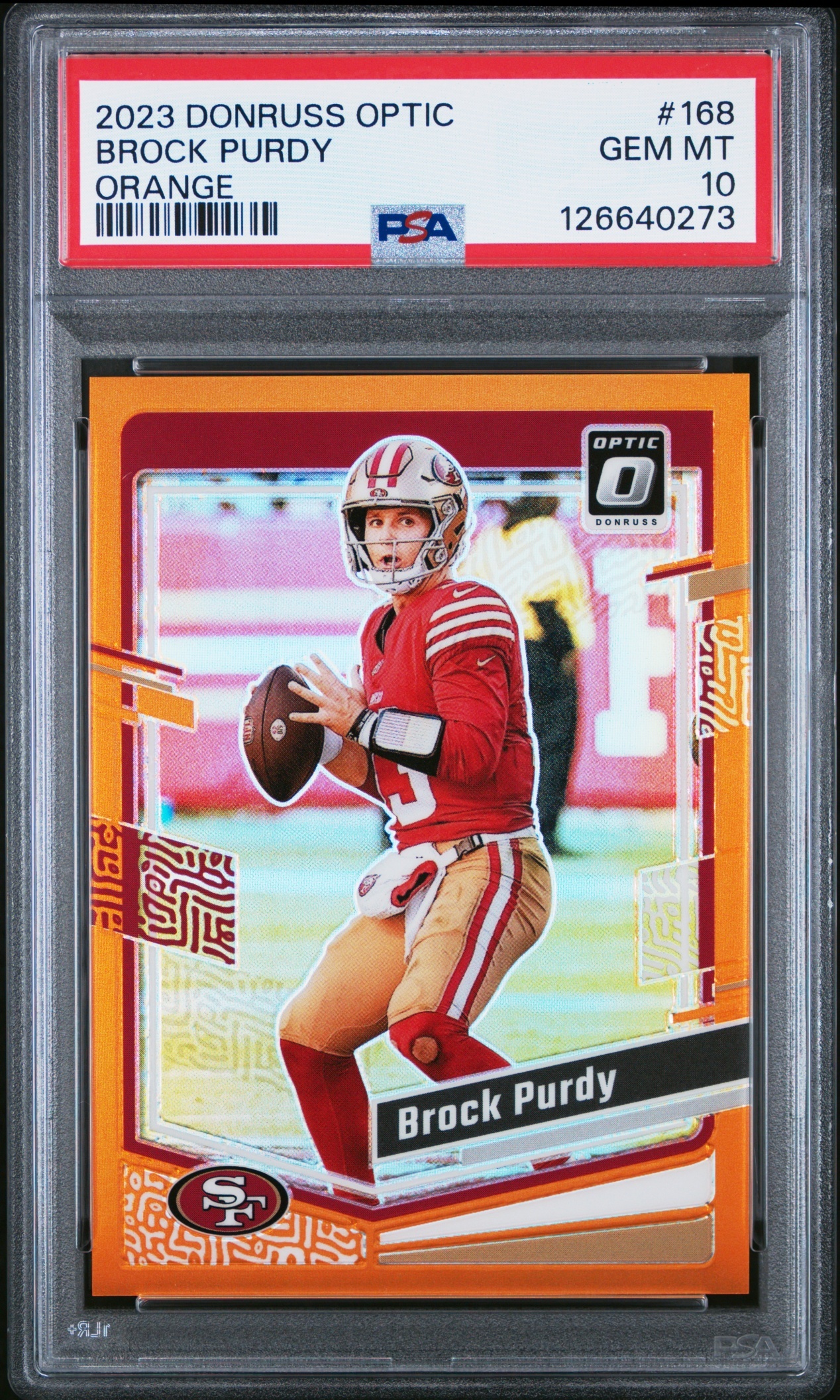 Card image for 2023 Panini Donruss Optic Brock Purdy Orange Prizm /249 #168 49ers