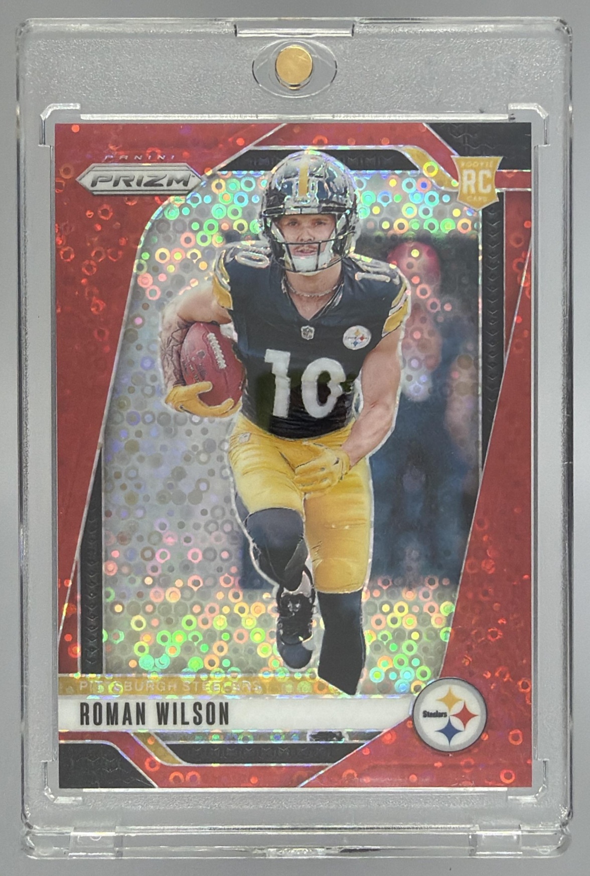 Card image for 2024 Panini Prizm Roman Wilson No Huddle Red /75 #384 RC Steelers