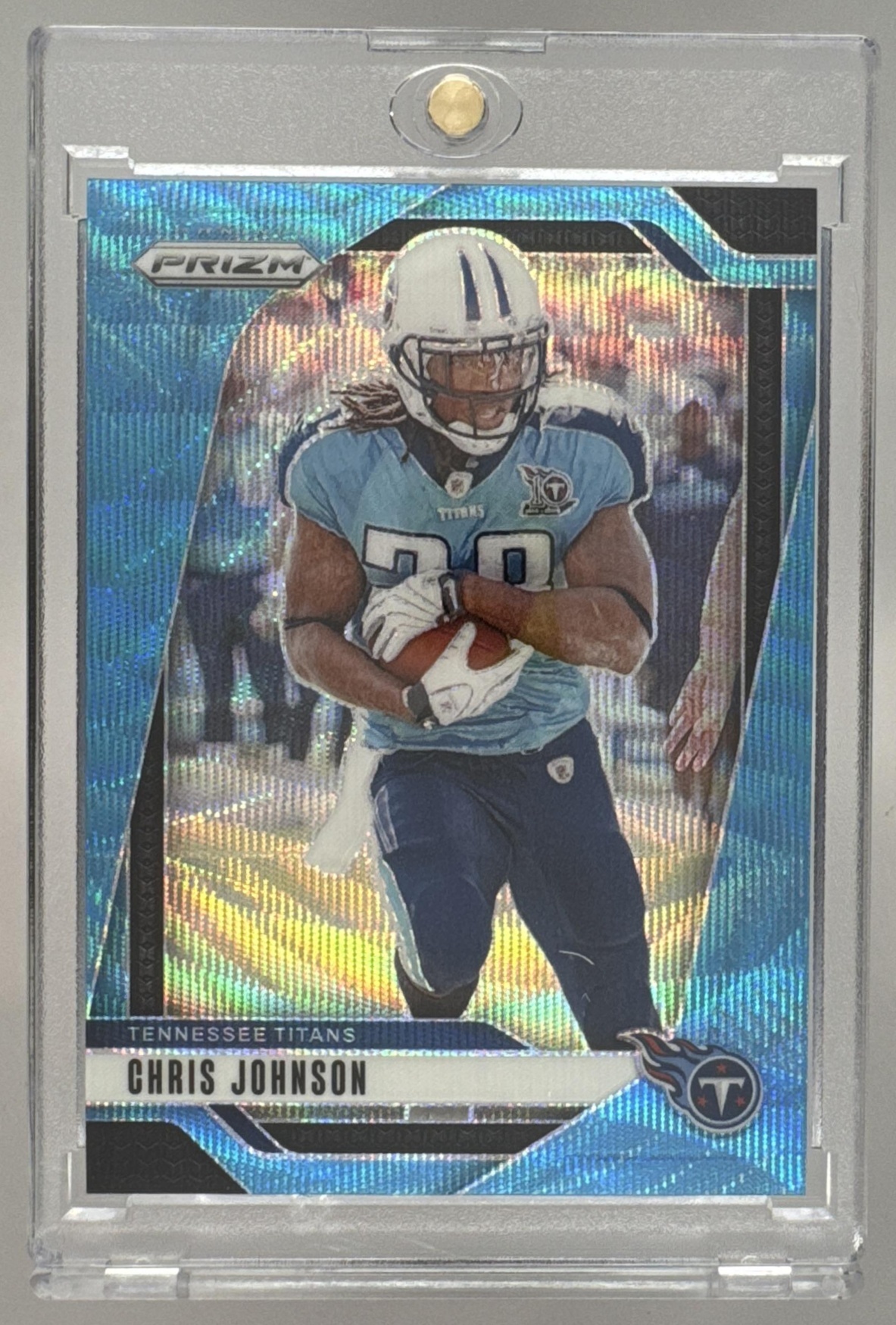 Card image for 2024 Panini Football Prizm Chris Johnson Blue Wave /230 #284 Tennessee Titans