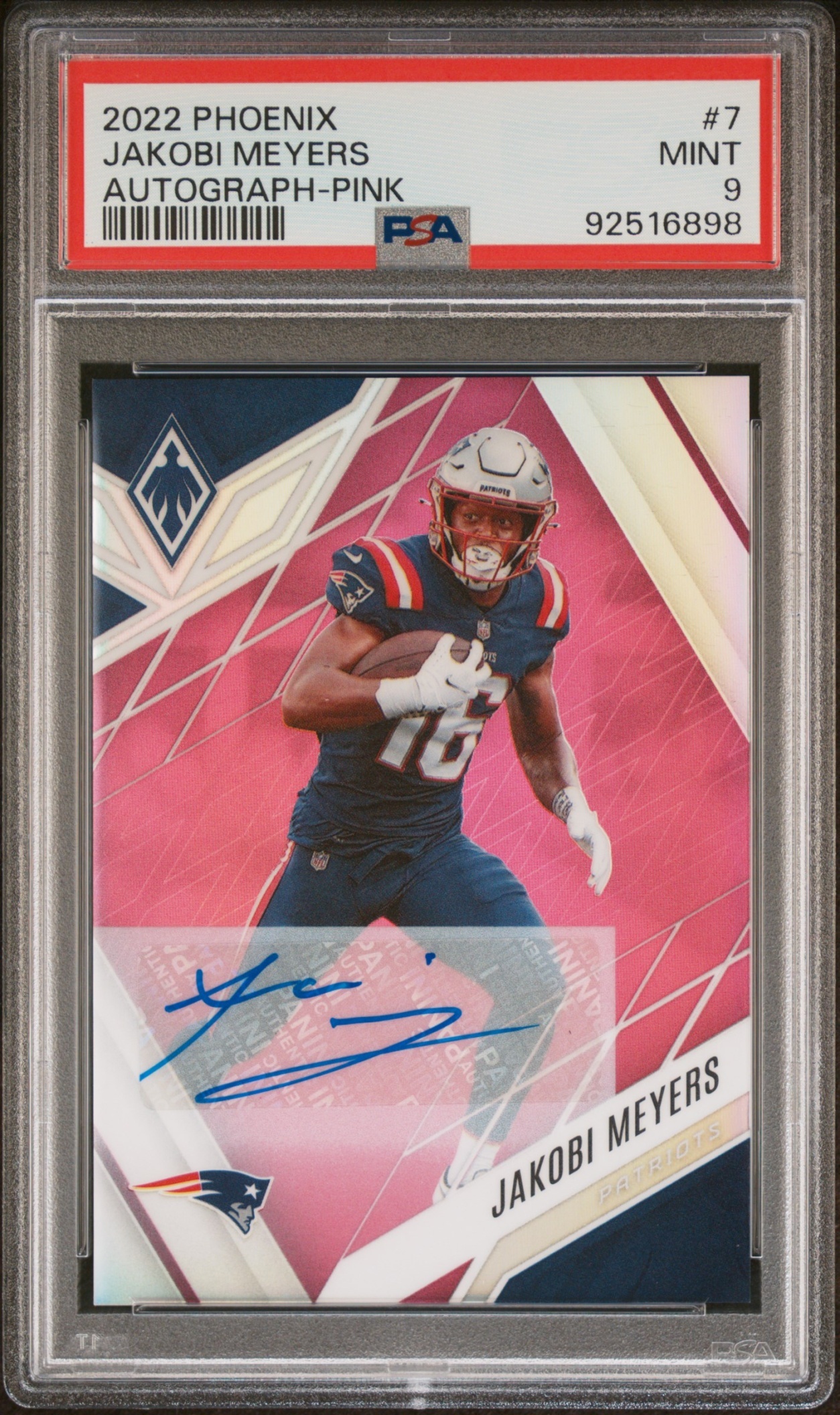 Card image for 2022 Panini Football Phoenix Jakobi Meyers Auto Pink /50 #7 New England Patriots