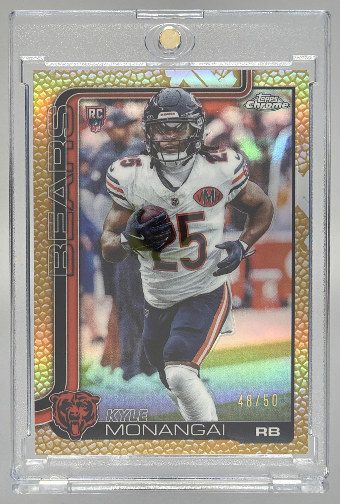 Card image for 2025 Topps Chrome Kyle Monangai Rookie Gold Geometric Refractor /50 #382 RC Bears