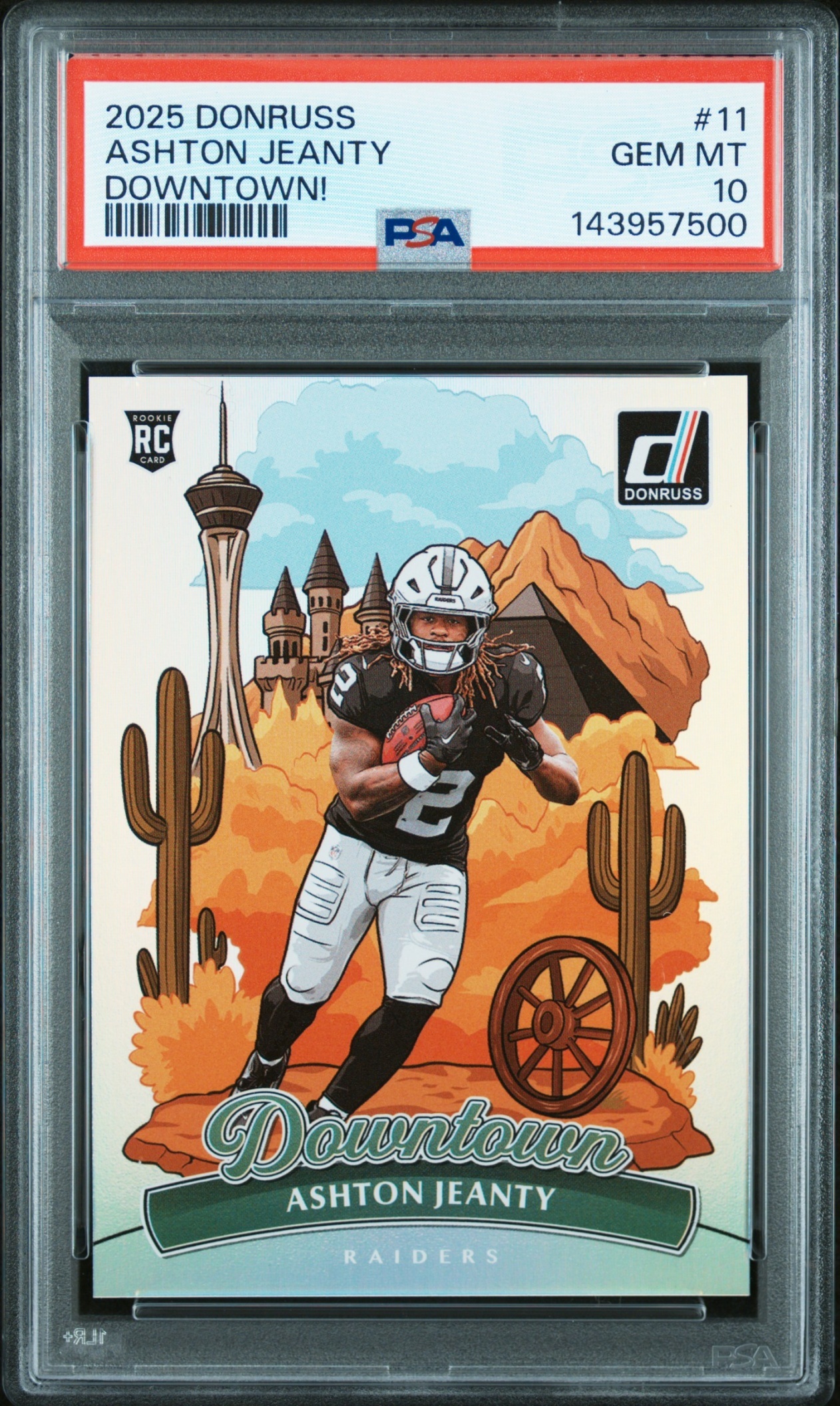 Card image for 2025 Panini Donruss Ashton Jeanty Oversized Downtown! SP #11 Raiders PSA 10