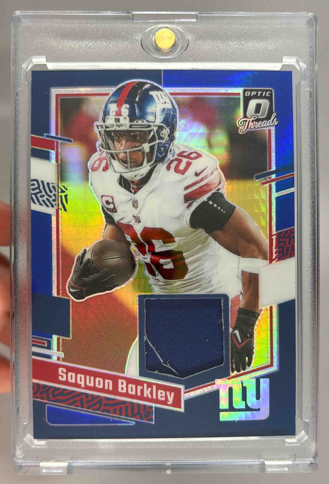 Card image for 2023 Panini Donruss Optic Saquon Barkley Threads Blue Hyper #DT-SB MEM Giants