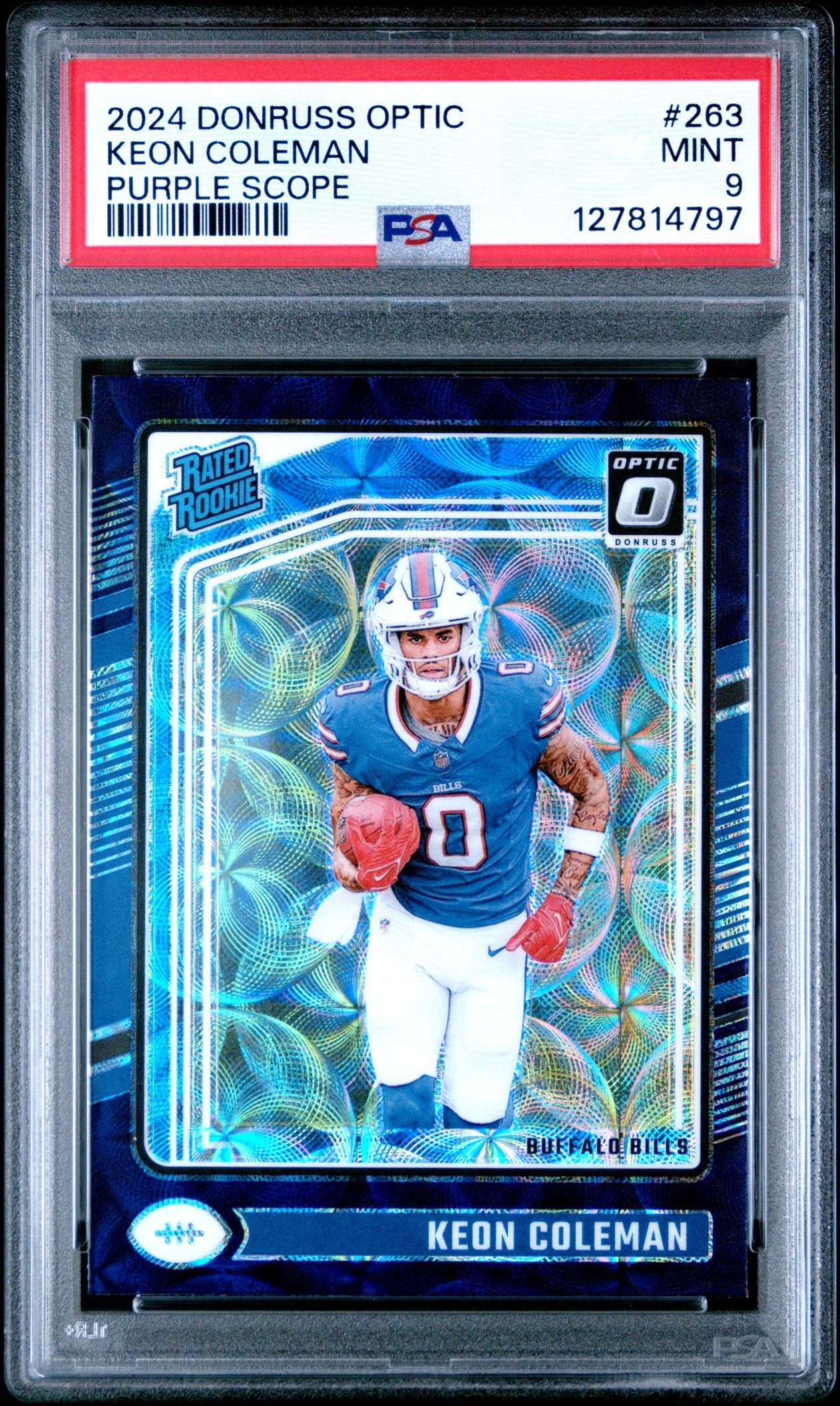 Card image for 2024 Panini Donruss Optic Keon Coleman Purple Scope #263 Rated Rookie Bills