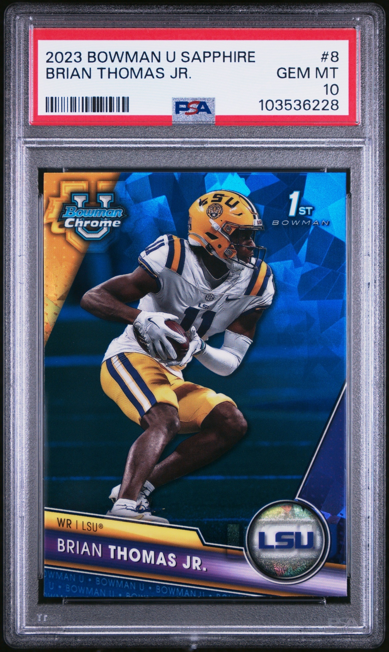 Card image for 2023 Bowman Football University Chrome Sapphire Brian Thomas Jr. #8 LSU Tigers