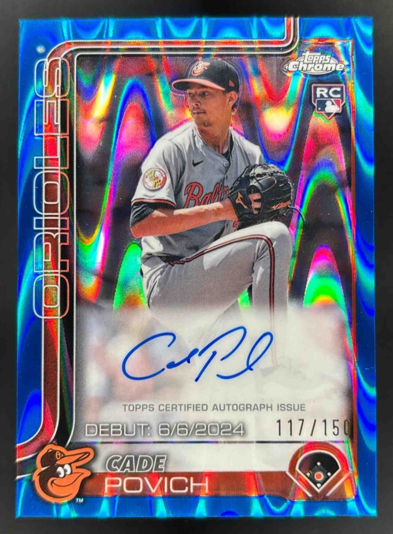 Card image for 2025 Topps Chrome Update Cade Povich RC Debut Auto Blue RayWave Refractor /150