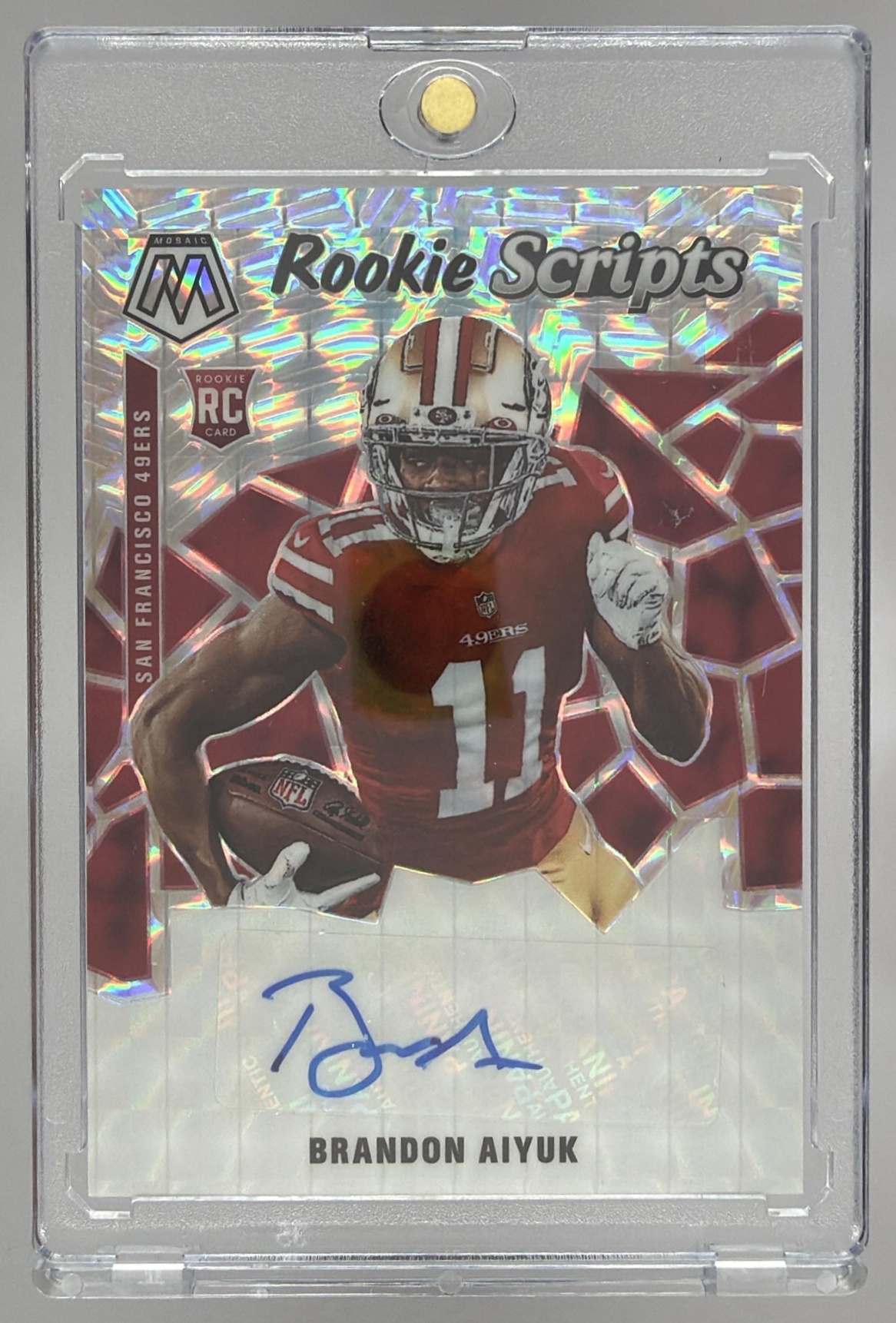 Card image for 2020 Panini Mosaic Brandon Aiyuk Rookie Scripts #RS10 RC Auto 49ers