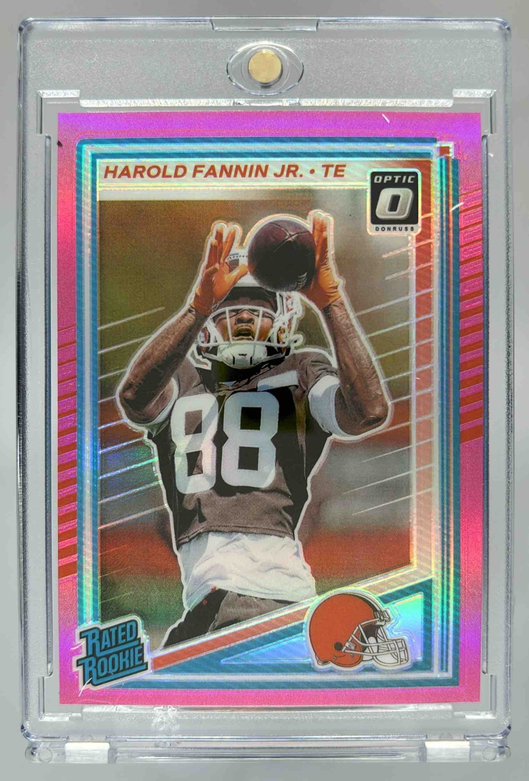 Card image for 2025 Panini Donruss Harold Fannin Jr. Optic Rated Rookie Preview Pink #373 RC Browns