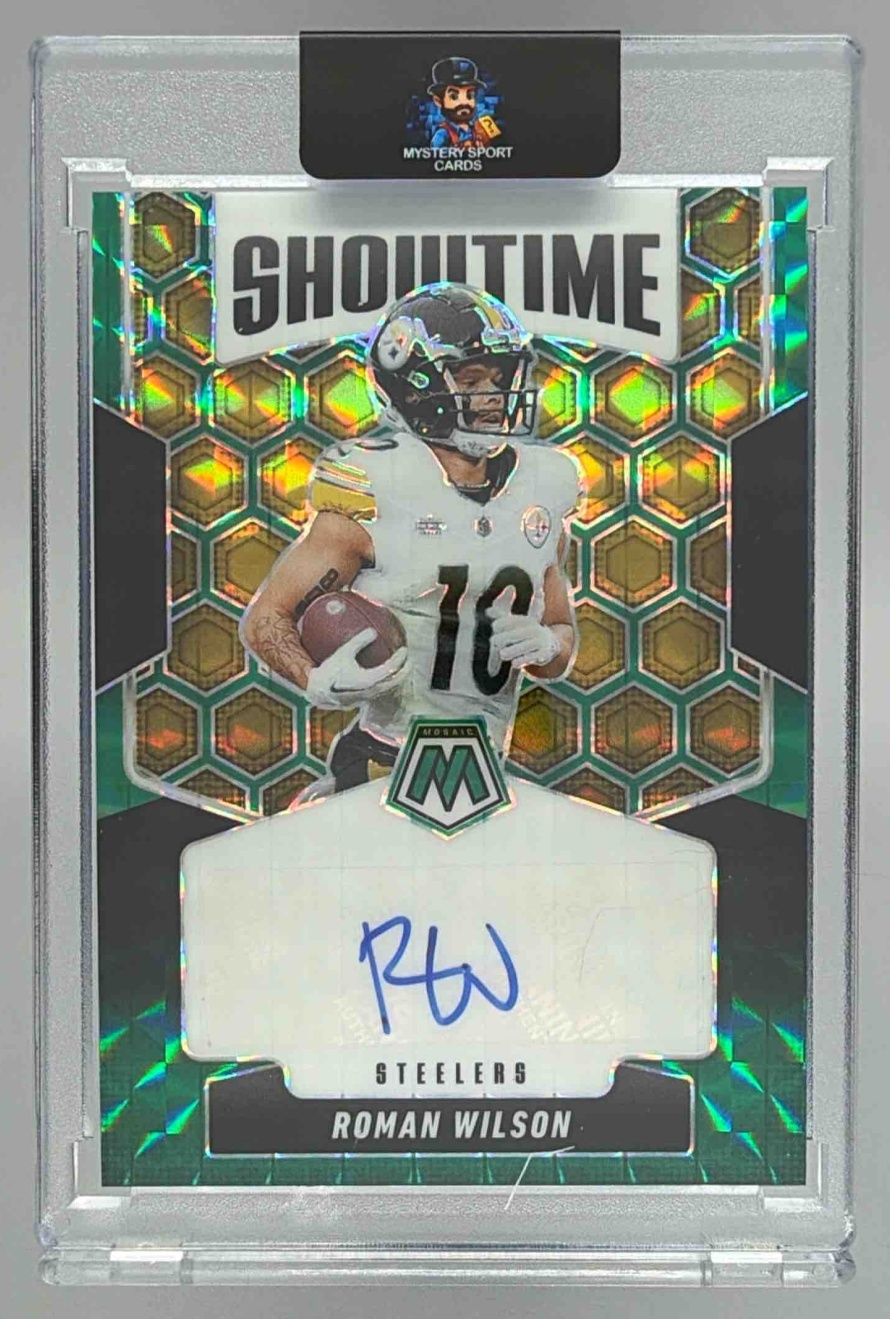 Card image for 2025 Panini Mosaic Roman Wilson Showtime Signatures Choice Fusion Green and Black Prizm /25 #SOS-ROW Auto Steelers