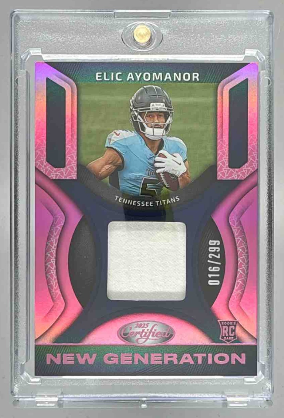 Card image for 2025 Panini Certified Elic Ayomanor New Generation Jerseys Mirror Pink /299 #NGJ-EAR Titans