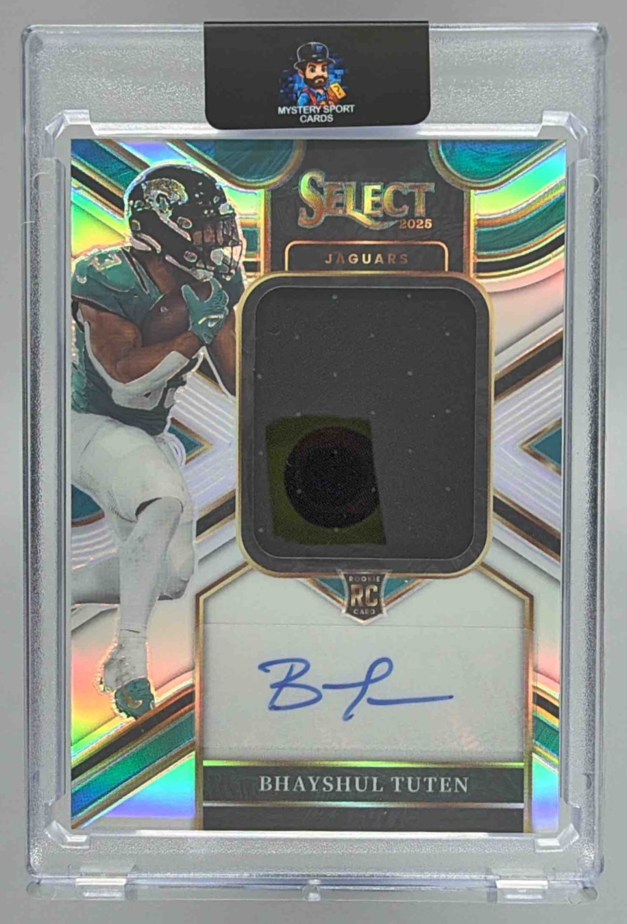 Card image for 2025 Panini Select Bhayshul Tuten Jumbo Rookie Signature Swatch Silver Prizm /249 #JRS-BTN MEM RC Auto Jaguars