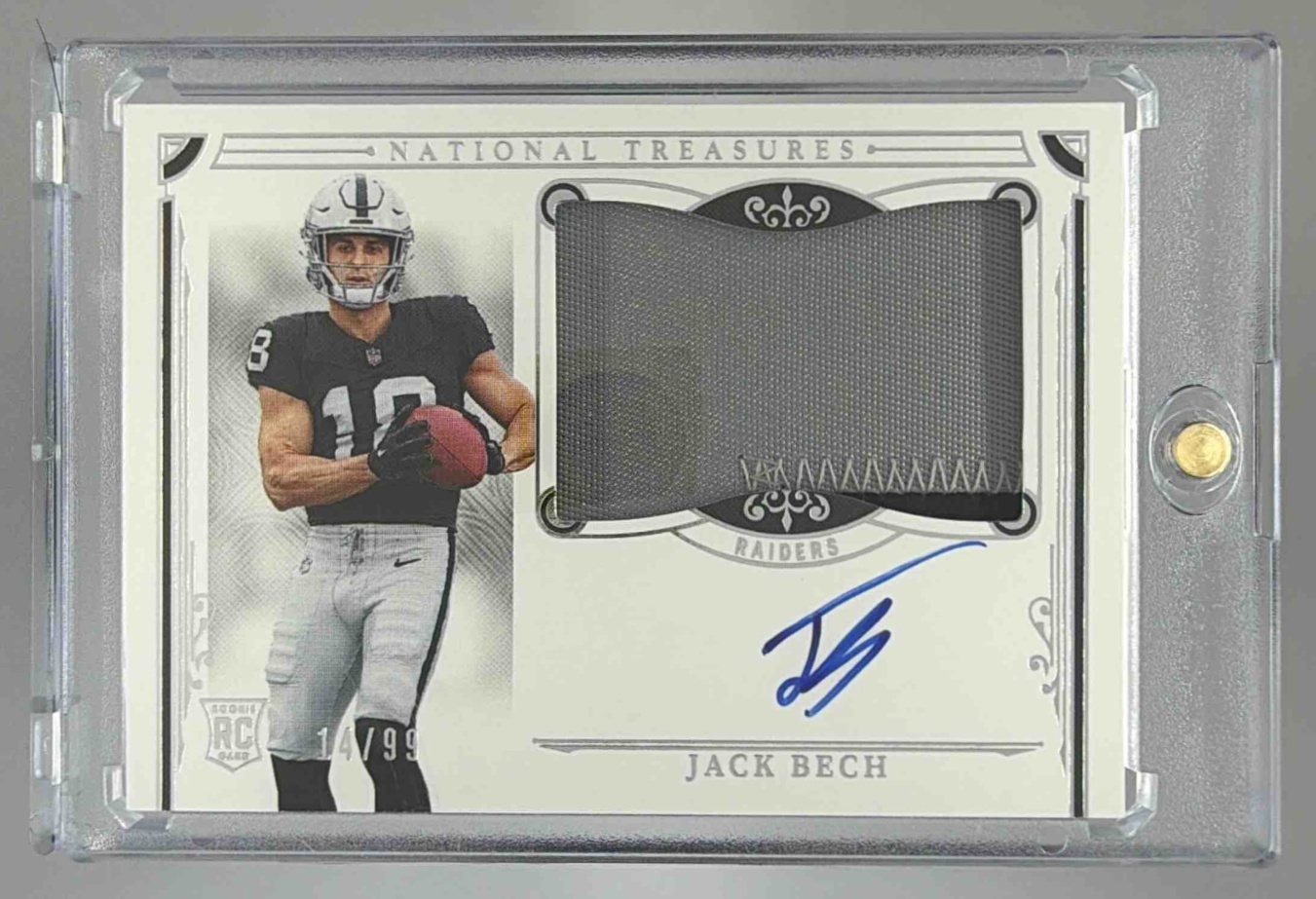 Card image for 2025 Panini National Treasures Jack Bech Rookie Patch Auto /99 #177 MEM RC Raiders