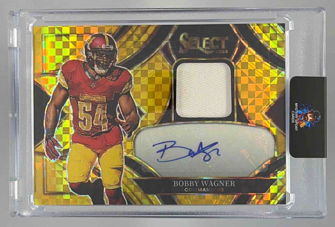 Card image for 2025 Panini Select Bobby Wagner Signature Memorabilia Gold Prizm /10 #SME-BWR MEM Auto Commanders