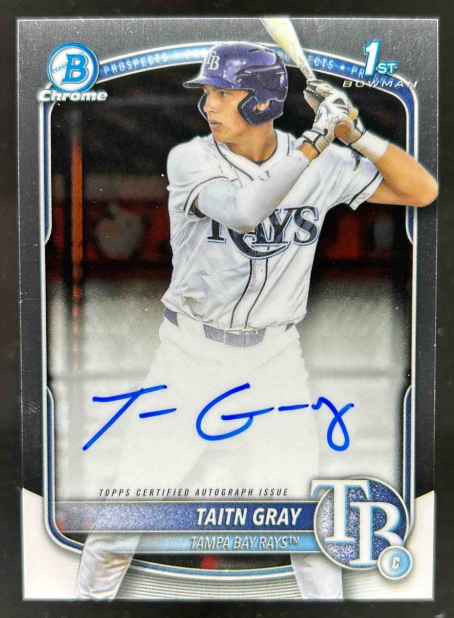 Card image for Taitn Gray 2025 Bowman Baseball Draft Chrome Auto 1st Prospect Tampa Bay Rays