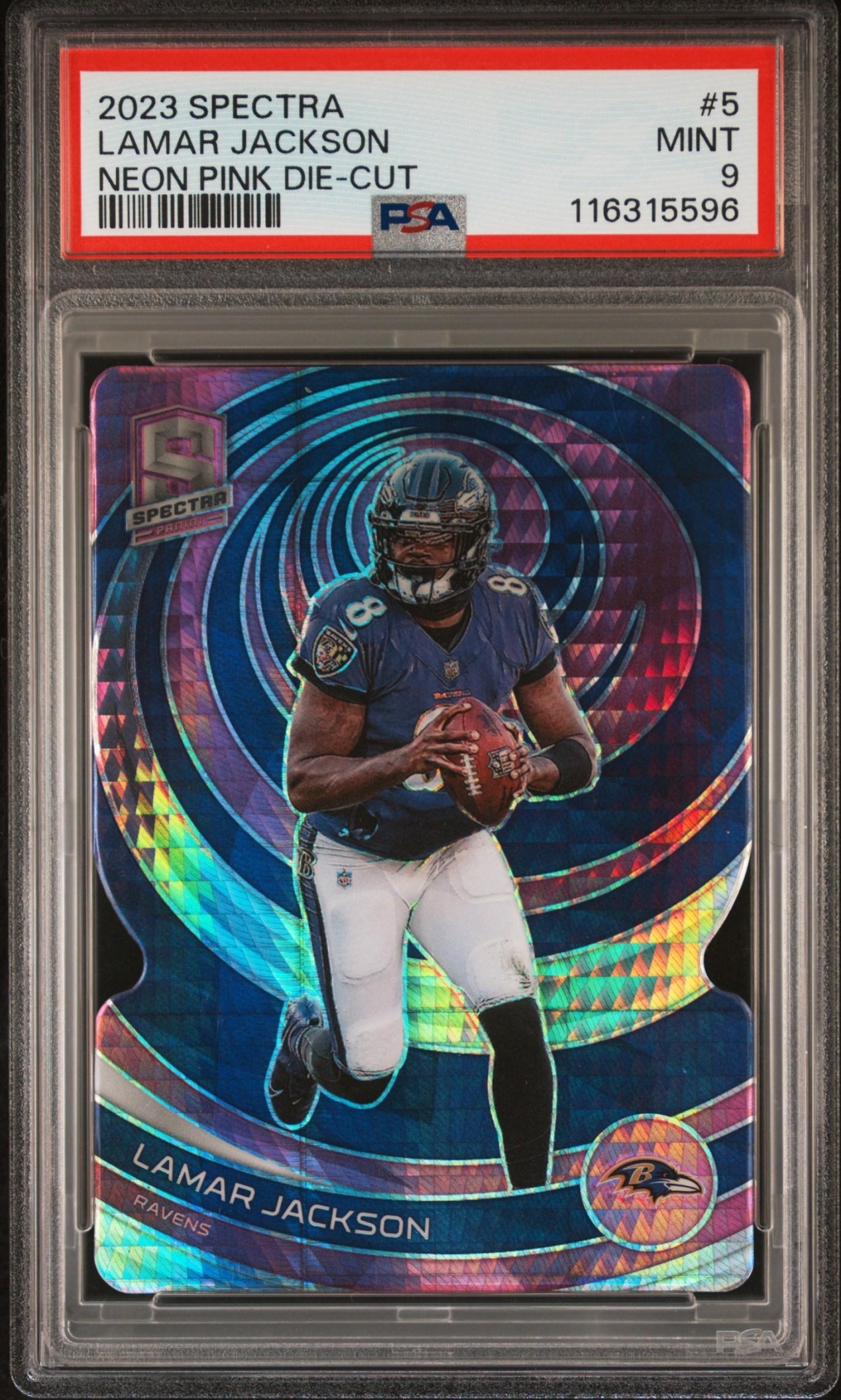 Card image for 2023 Panini Spectra Lamar Jackson Neon Pink Die Cut /20 #5 Ravens