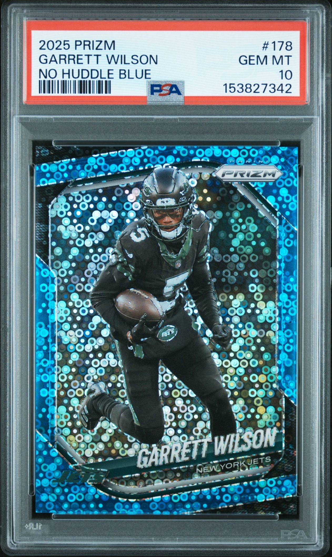Card image for 2025 Panini Football Prizm Garrett Wilson No Huddle Blue /125 #178 New York Jets