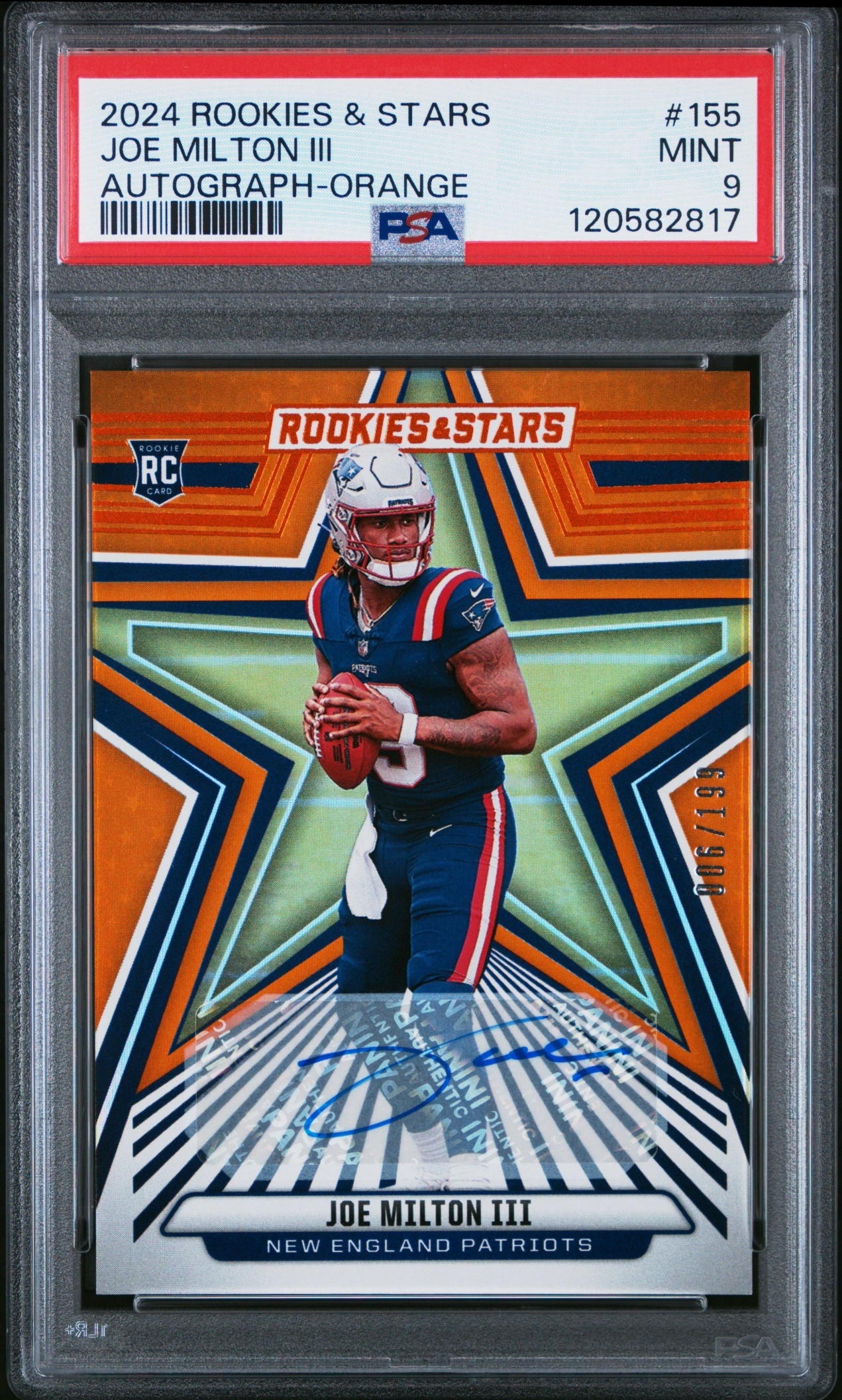 Card image for 2024 Panini Rookies & Stars Joe Milton III Rookie Signatures Orange /199 #155 RC Auto Patriots