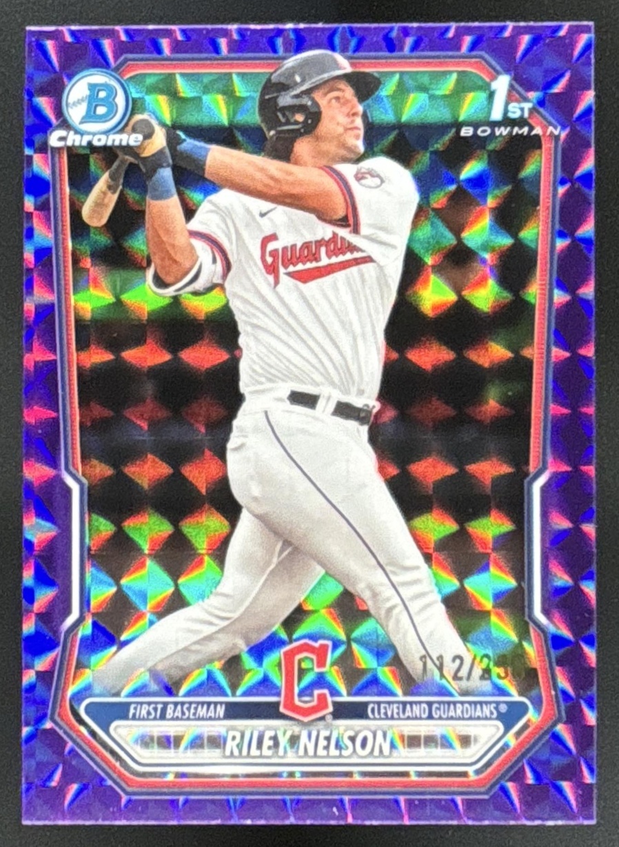Card image for 2026 Bowman Riley Nelson Chrome Purple Geometric Refractor /250 1st Prospect