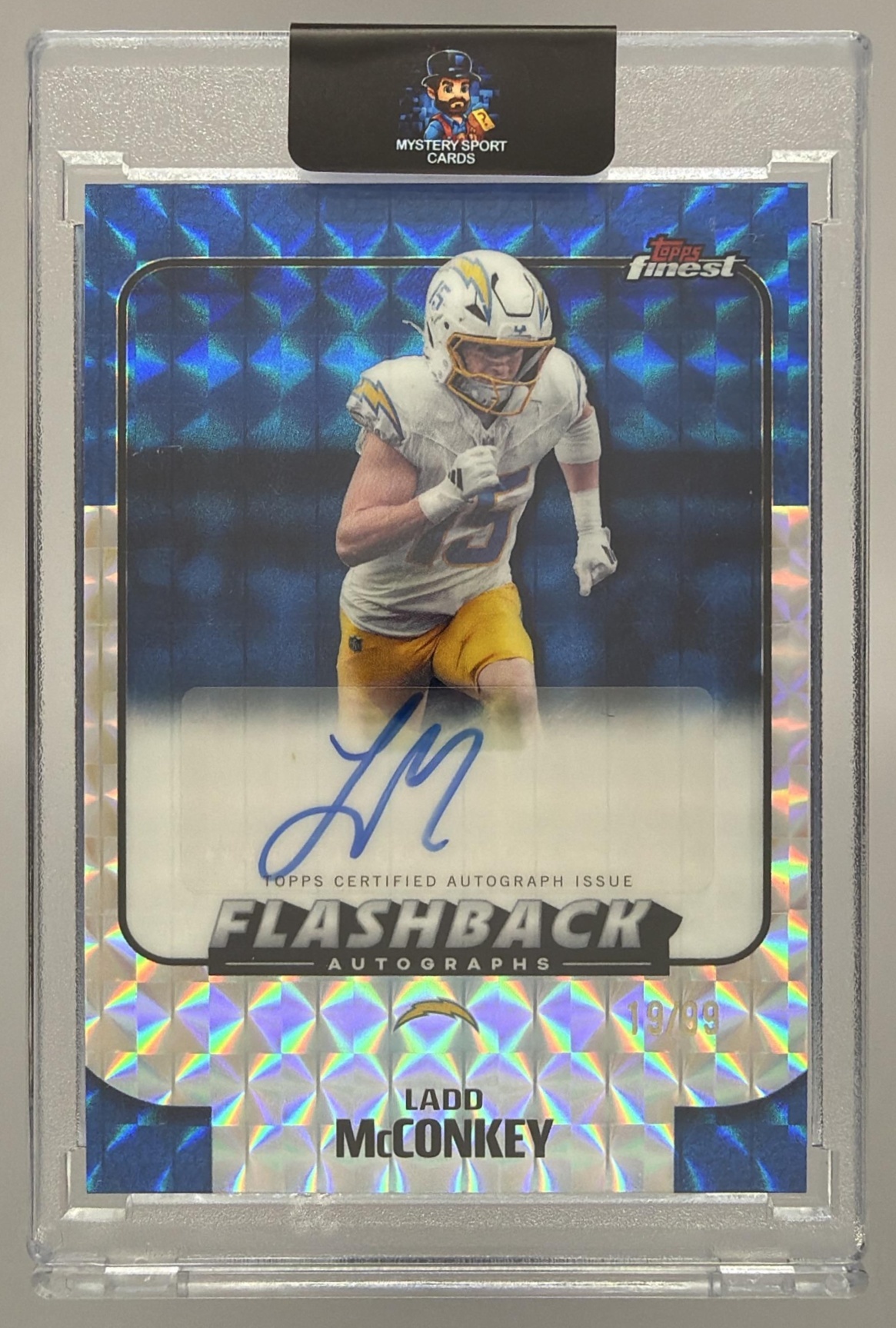 Card image for 2025 Topps Finest Ladd McConkey Flashback Auto Blue Refractor /99 #FBA-LM Chargers