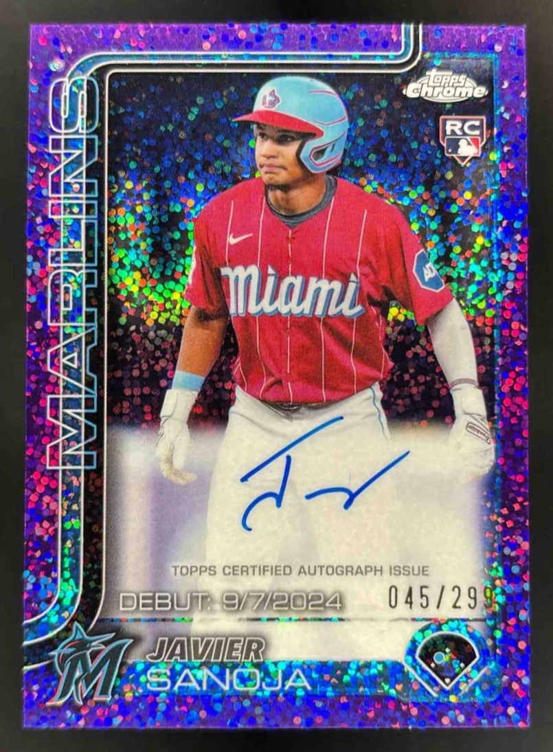 Card image for 2025 Topps Chrome Update Javier Sanoja Rookie Debut Auto Purple Speckle /299