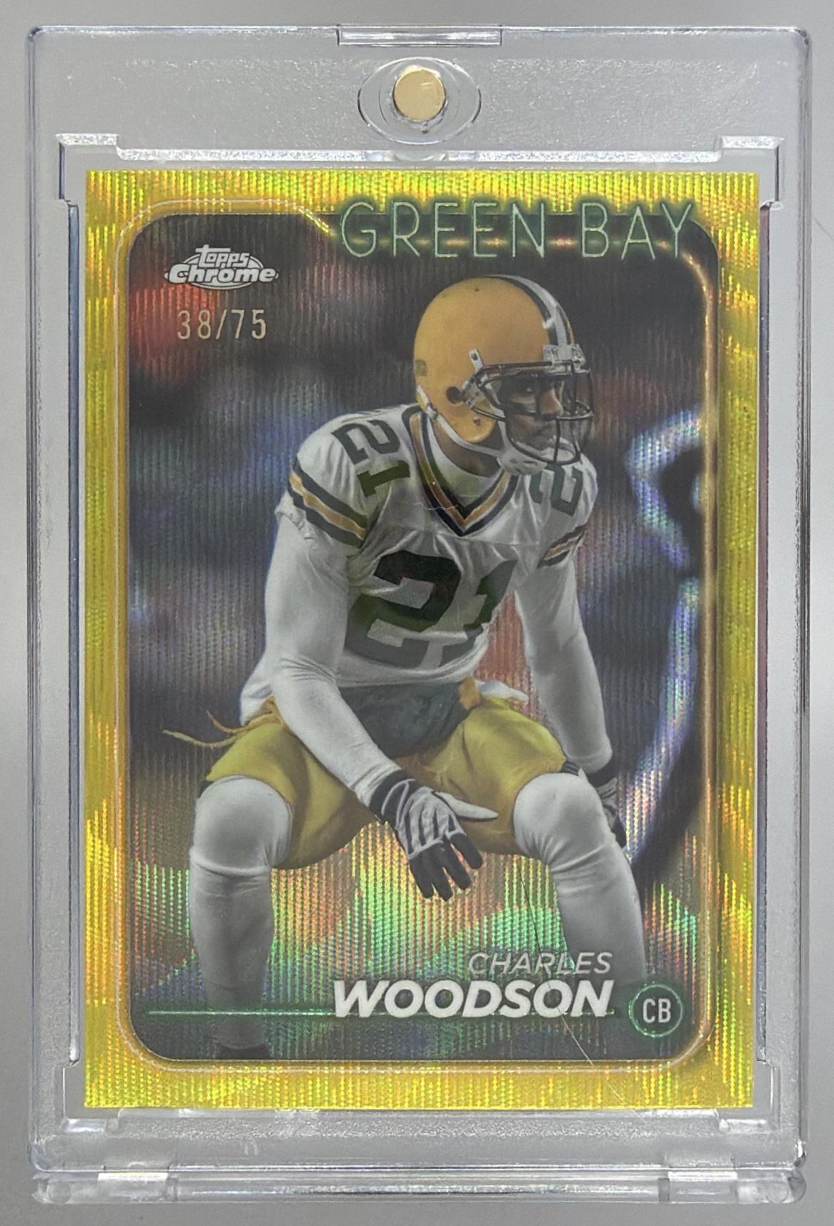 Card image for 2024 Topps Chrome Charles Woodson Yellow Wave Refractor /75 #72 Packers
