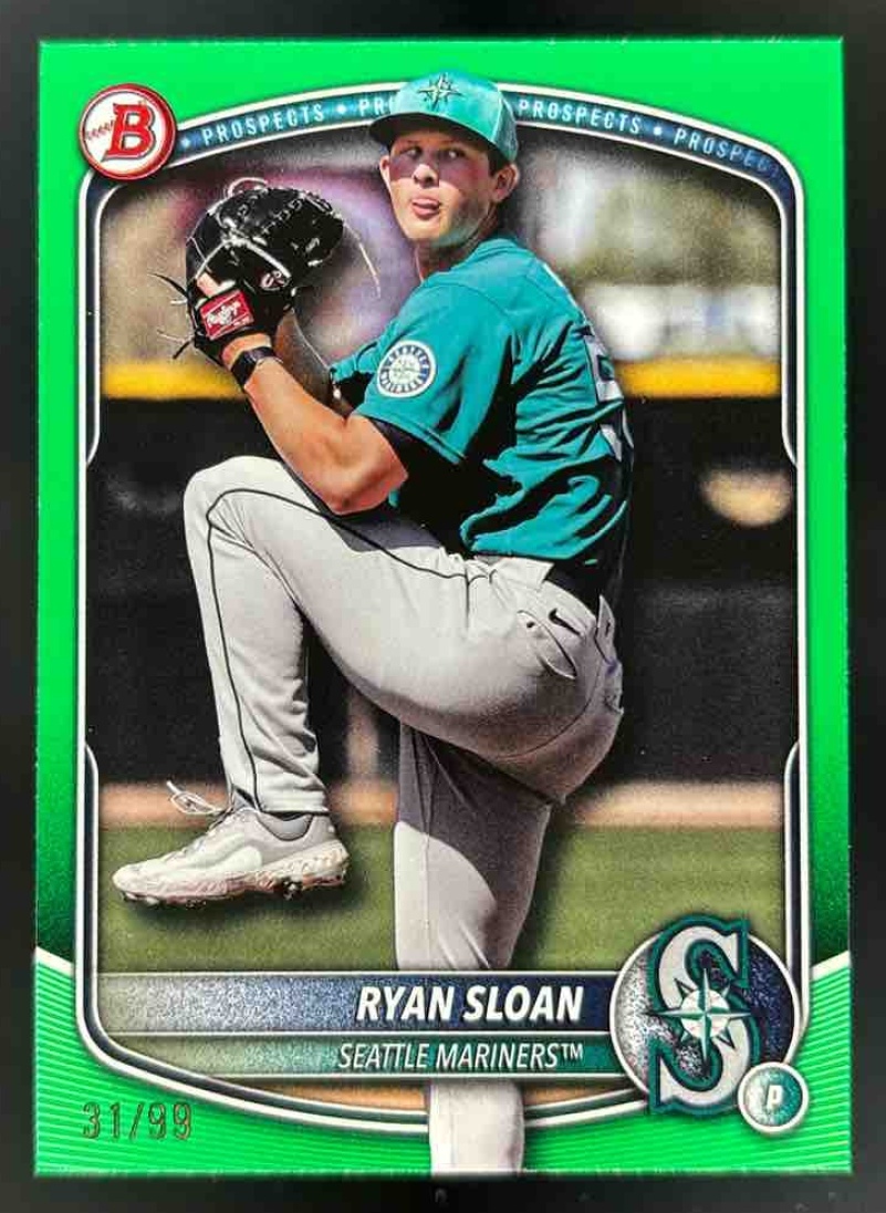 Card image for 2025 Bowman Draft Ryan Sloan Green Border /99 #BD-94 Mariners