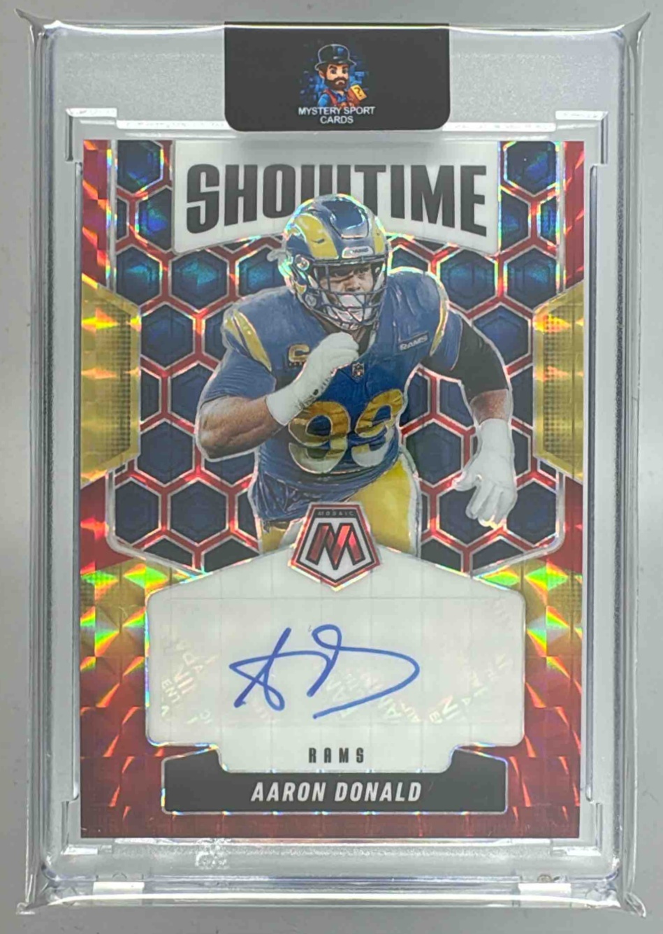 Card image for 2025 Panini Mosaic Aaron Donald Showtime Signatures #SOS-AAD Auto Rams
