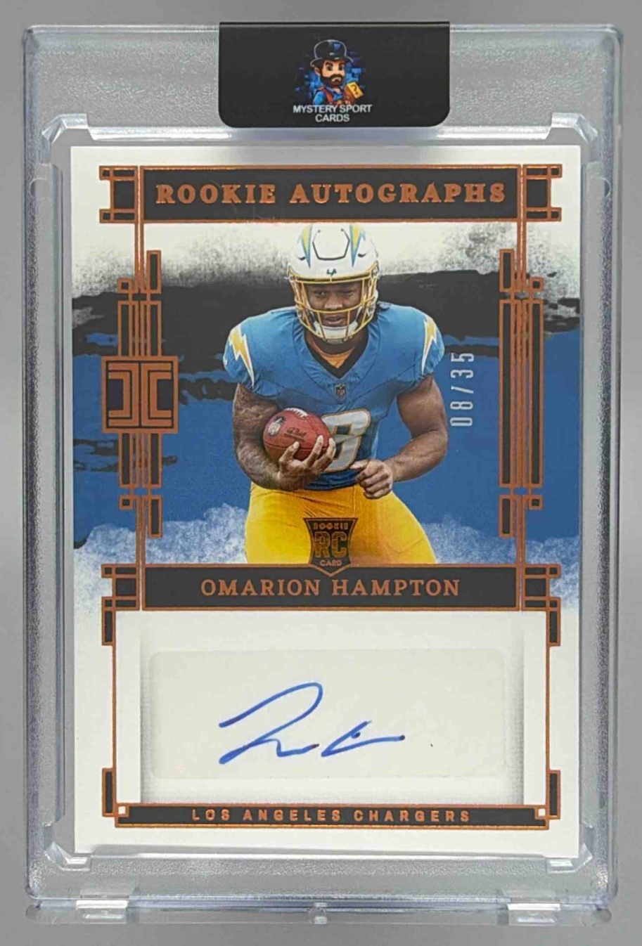 Card image for 2025 Panini Impeccable Omarion Hampton Rookie Patch Autos /35 #11 MEM RC Chargers