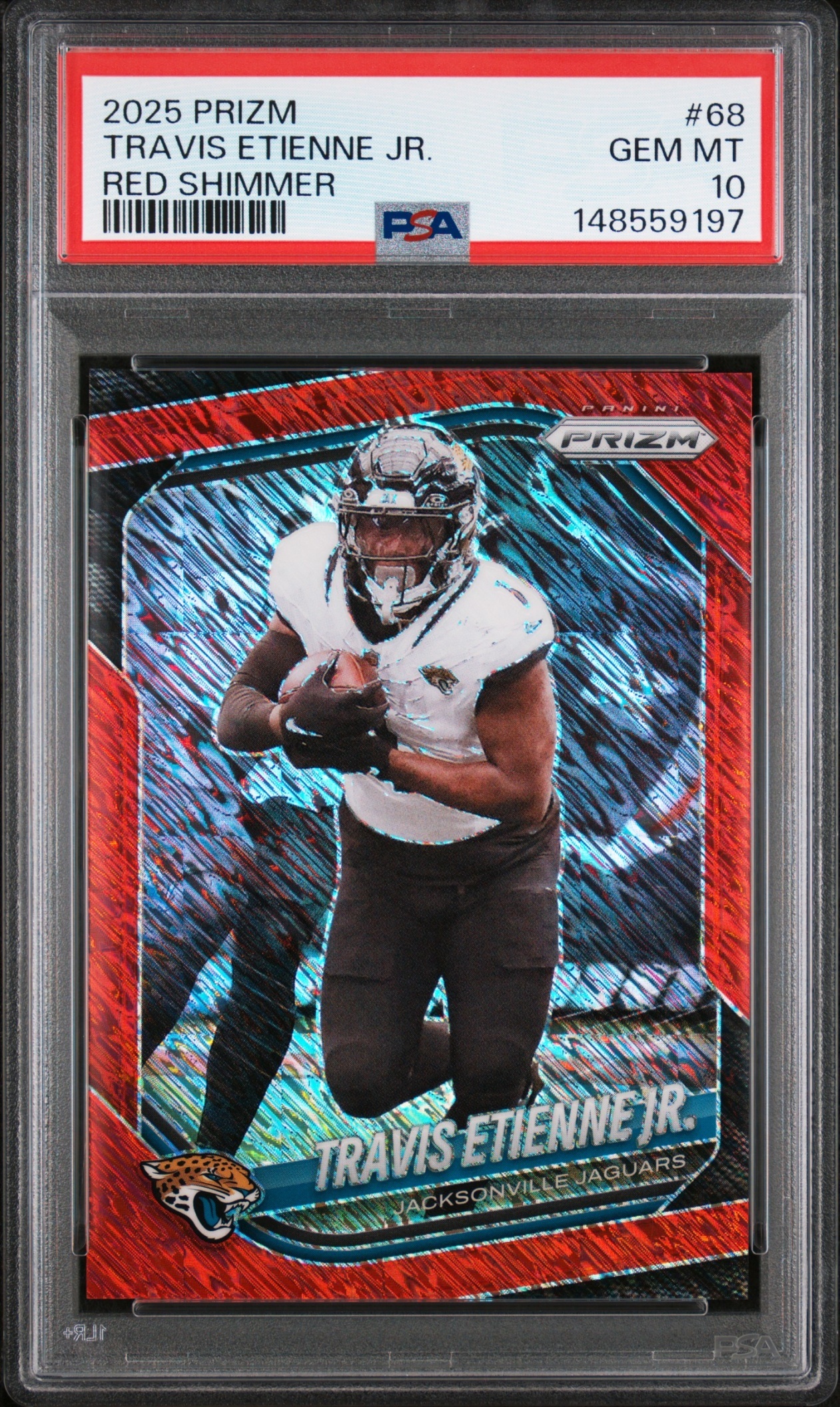 Card image for 2025 Panini Prizm Travis Etienne Jr. Red Shimmer /49 #68 Jaguars