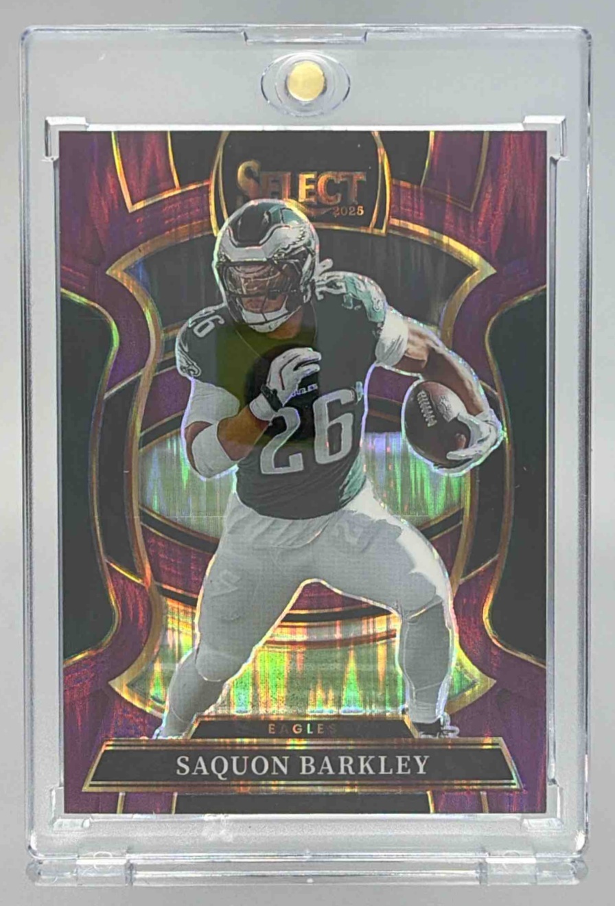 Card image for 2025 Panini Select Saquon Barkley Concourse Purple Prizm Shock /699 #90 Eagles