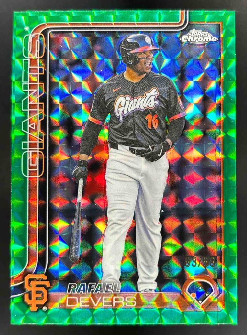 Card image for 2025 Topps Chrome Update Rafael Devers Green Geometric Refractor /99
