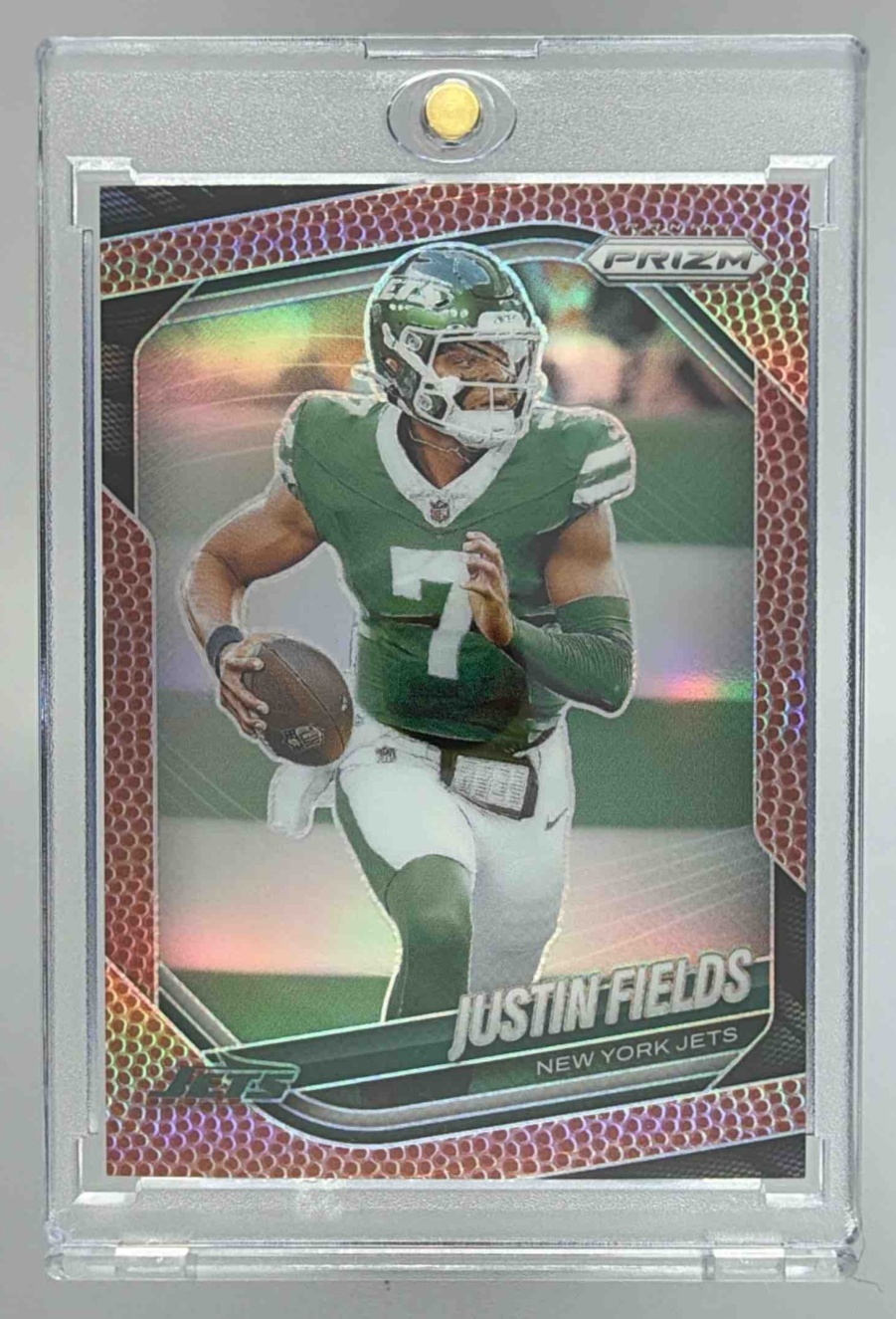 Card image for 2025 Panini Football Prizm Justin Fields Pigskin /180 #218 New York Jets