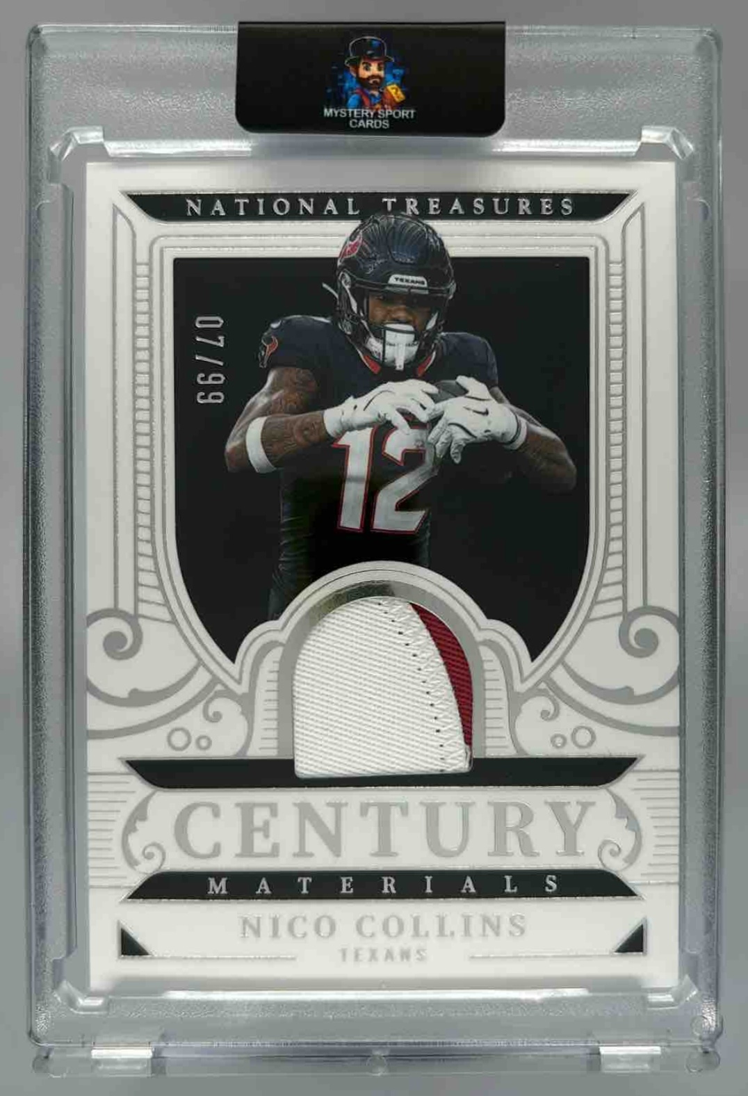 Card image for 2025 Panini National Treasures Nico Collins Century Materials /99 #CM-NCS MEM Texans