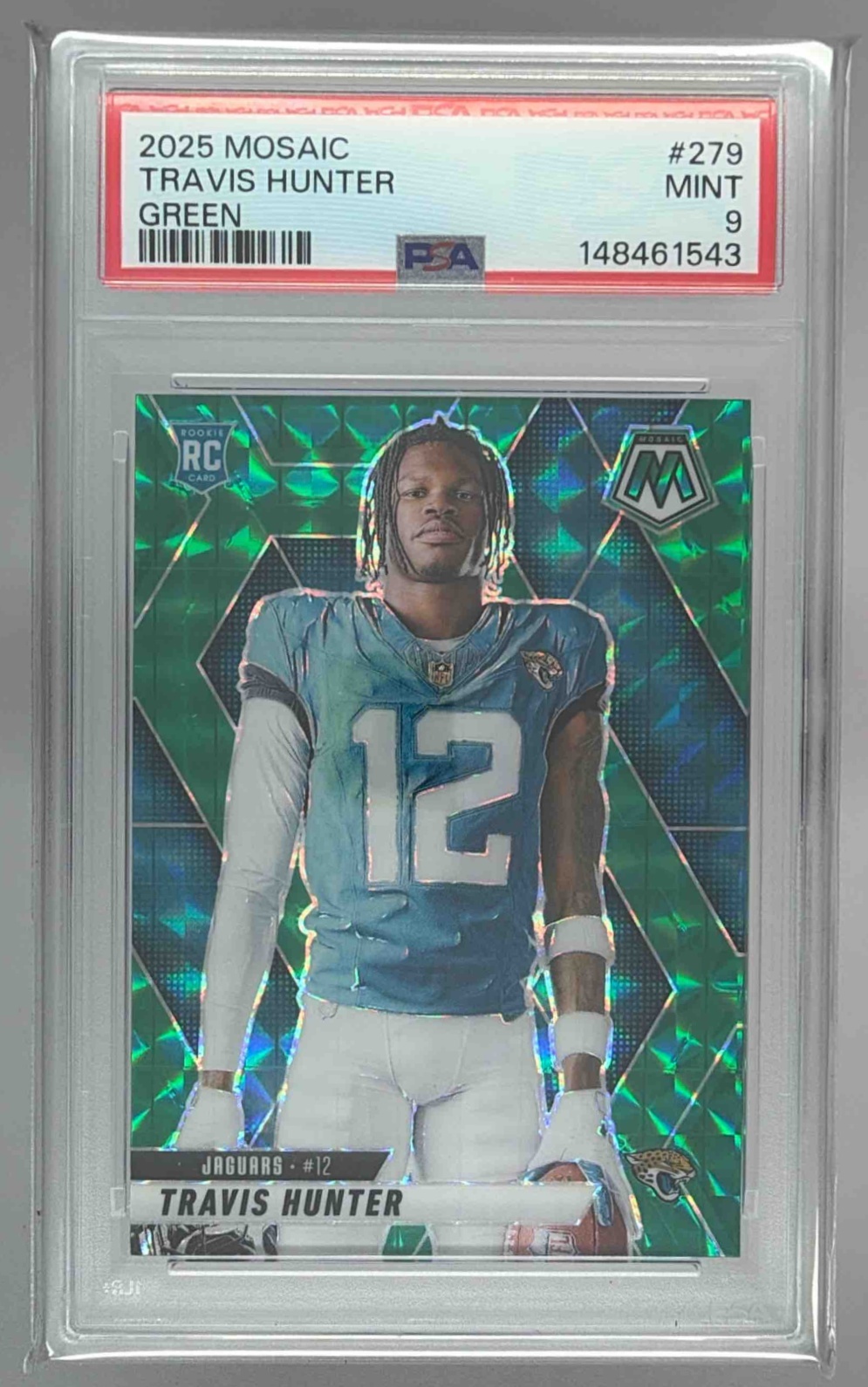 Card image for 2025 Panini Mosaic Travis Hunter Rookie Variation Green Prizm #279 RC Jaguars