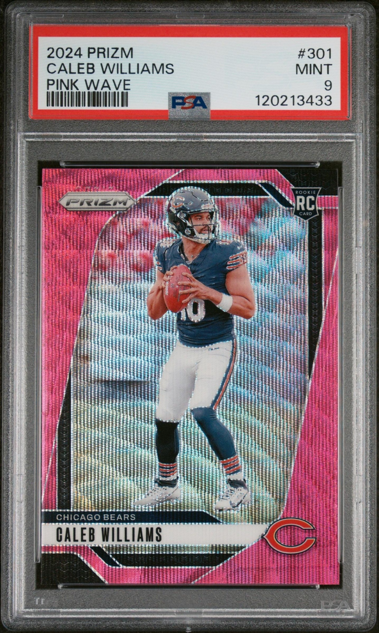 Card image for 2024 Panini Football Prizm Caleb Williams Pink Wave #301 RC Chicago Bears