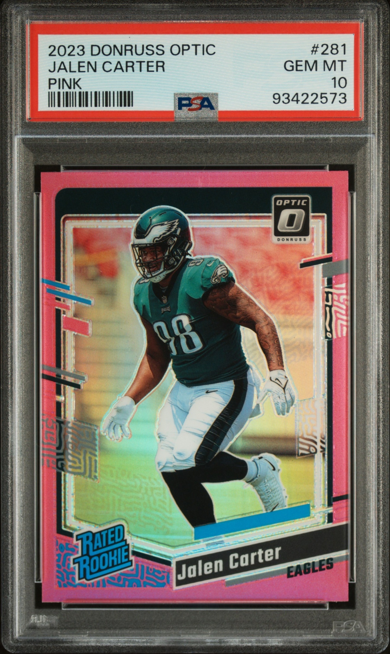 Card image for 2023 Panini Donruss Optic Jalen Carter Pink Prizm #281 RC Rated Rookie Eagles