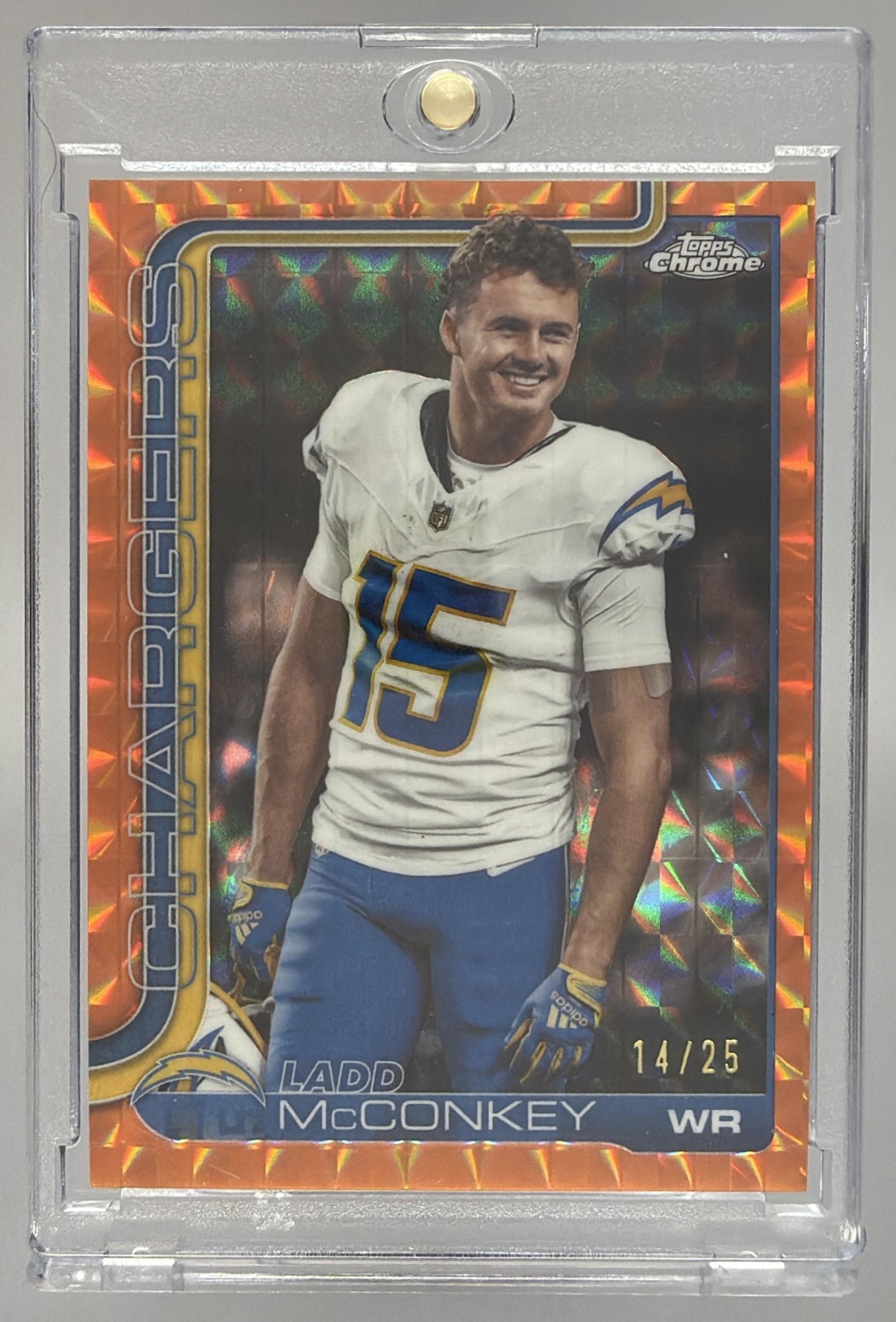 Card image for 2025 Topps Chrome Ladd McConkey Image Variation Orange Geometric Refractor /25 #156 SP Chargers