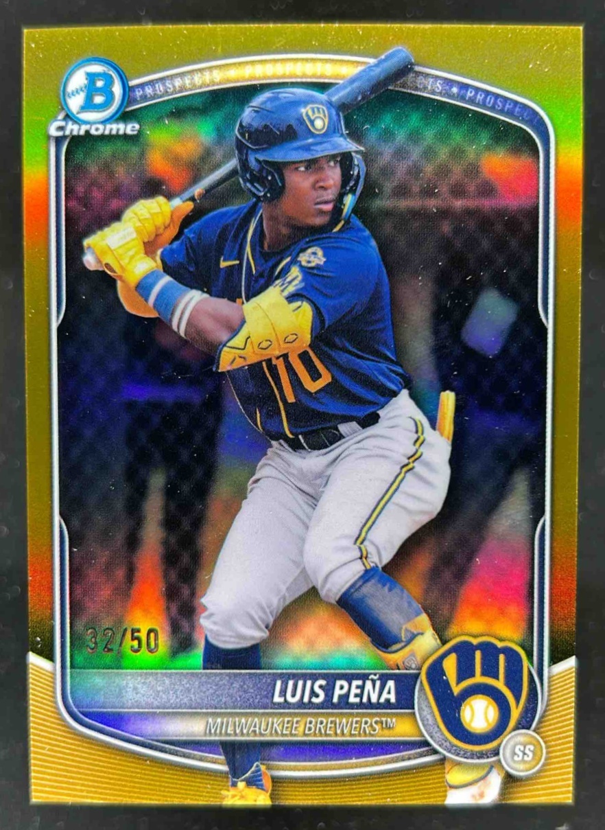 Card image for Luis Pena 2025 Bowman Baseball Draft Chrome Gold Refractor /50 Milwaukee Brewers