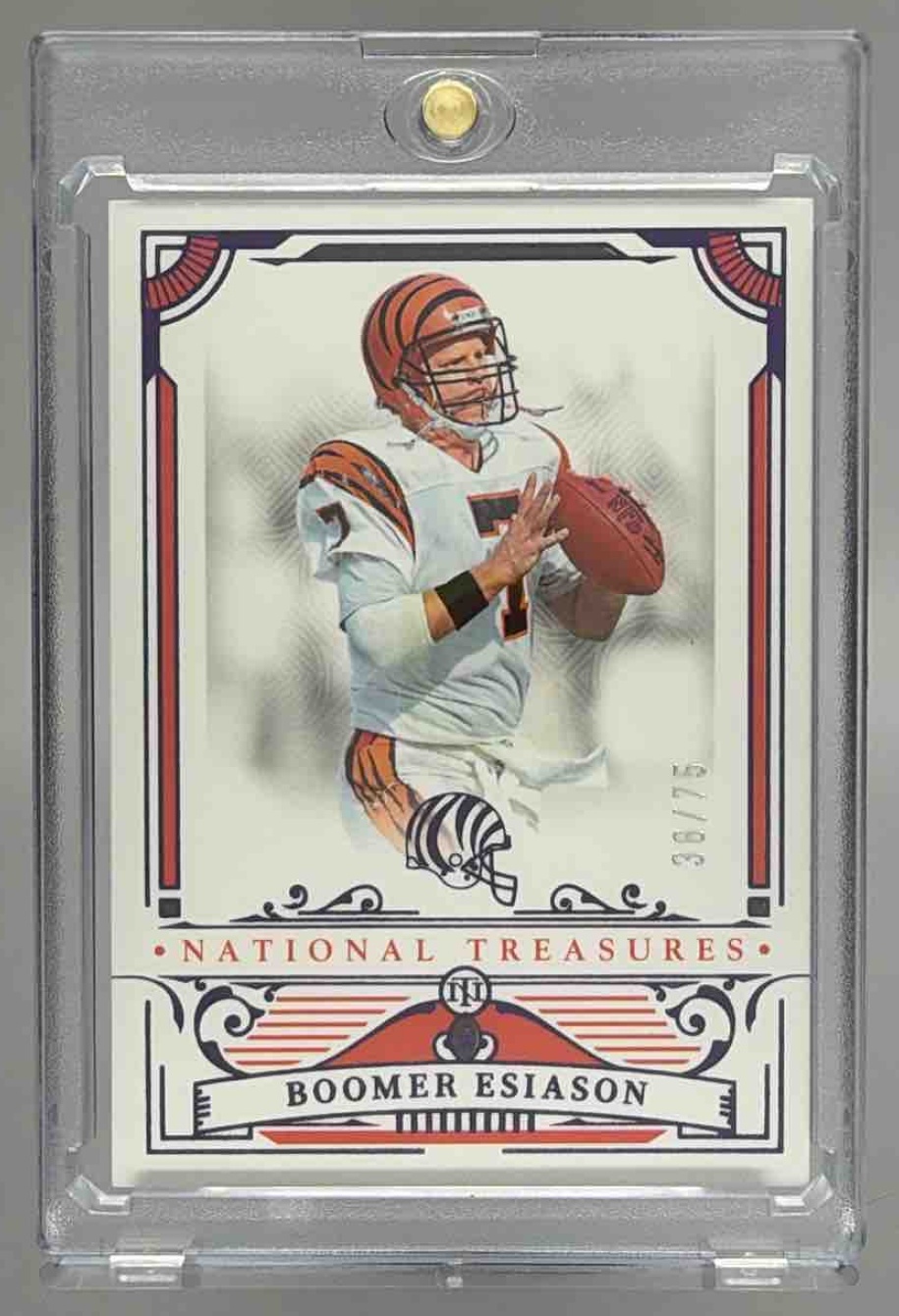 Card image for 2025 Panini National Treasures Boomer Esiason Purple /75 #21 Bengals