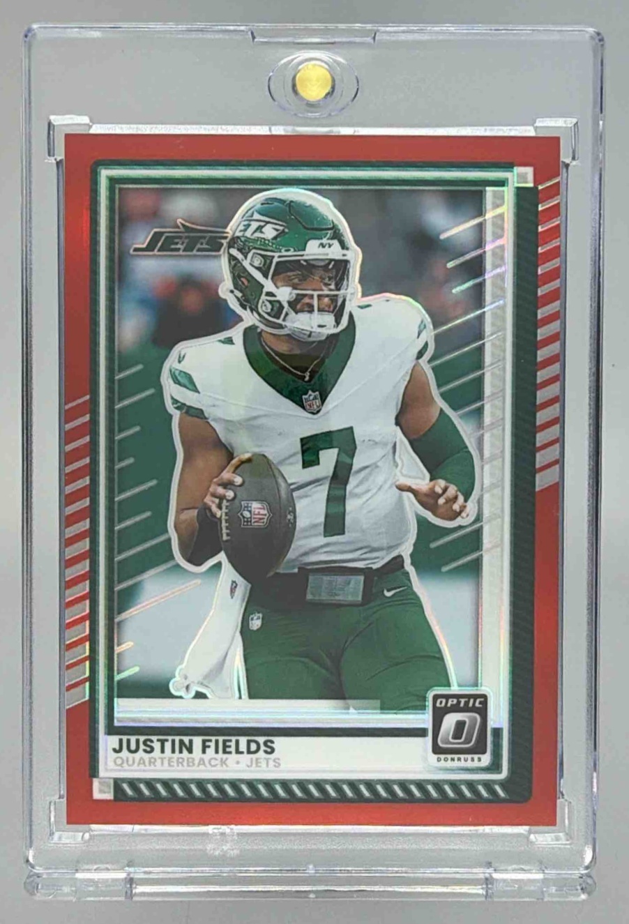 Card image for 2025 Panini Donruss Optic Justin Fields Red Prizm /149 #167 Jets