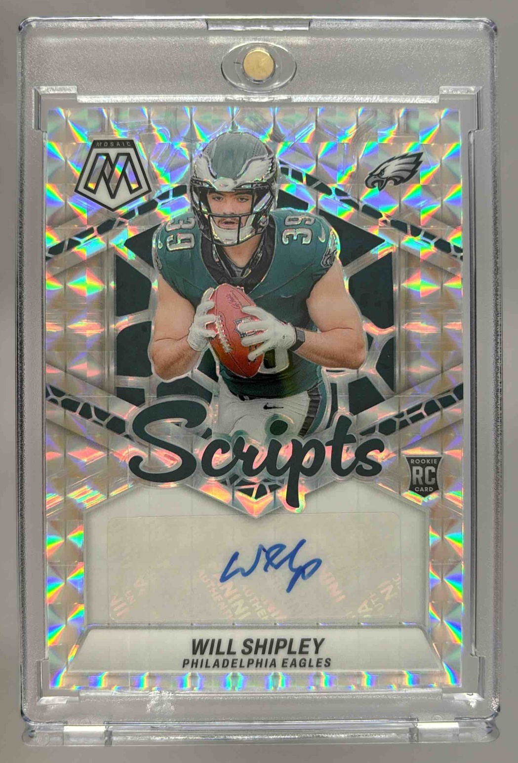 Card image for 2024 Panini Mosaic Will Shipley Rookie Scripts #RS-WSY RC Auto Eagles